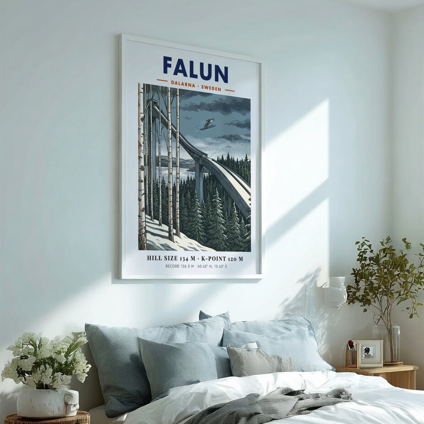 Falun ski jumping poster showing a jumper in mid-air above pine trees and birch