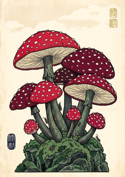 Fantasy mushrooms poster featuring vibrant red and white colors in Japanese art style