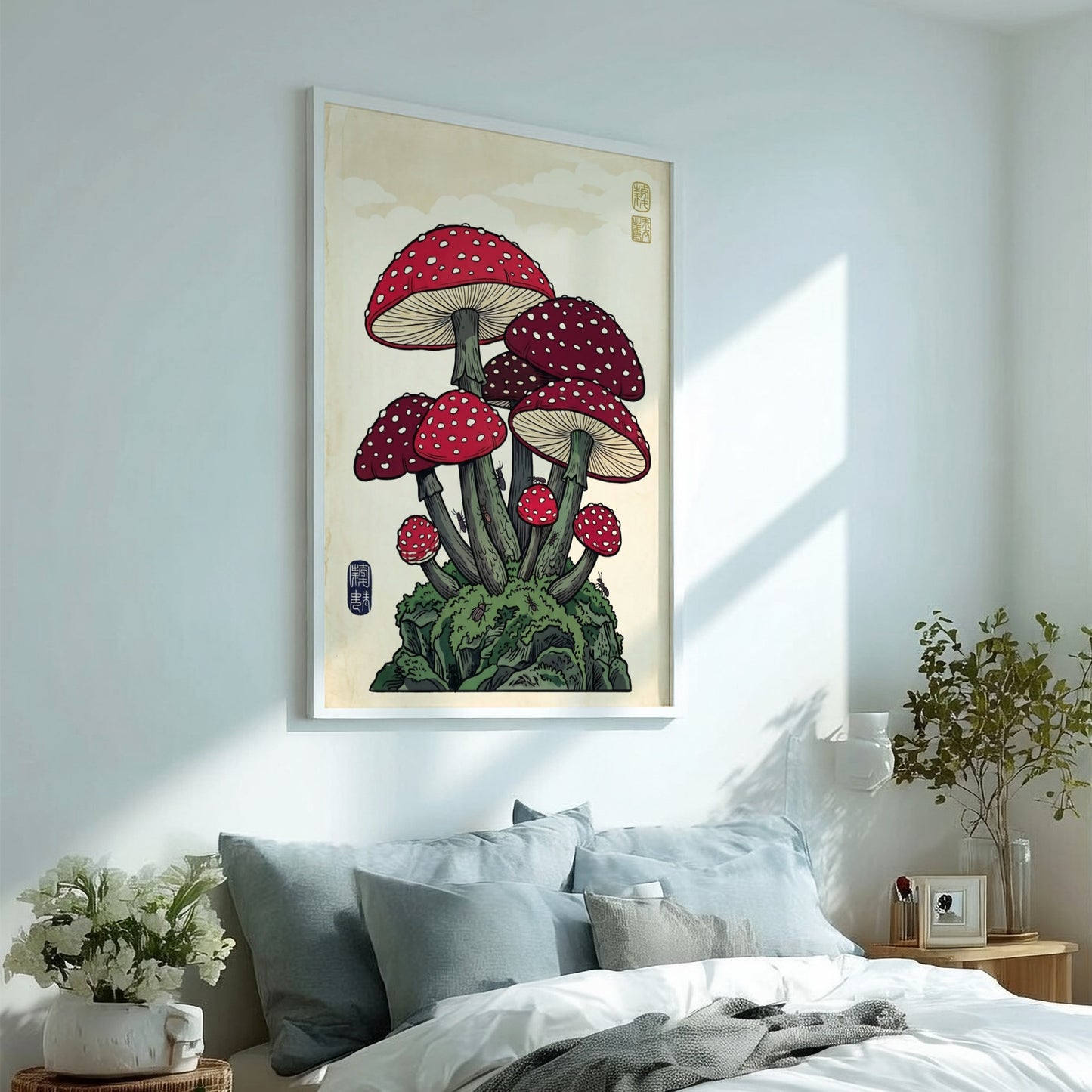 Fantasy mushrooms poster featuring vibrant red and white colors in Japanese art style