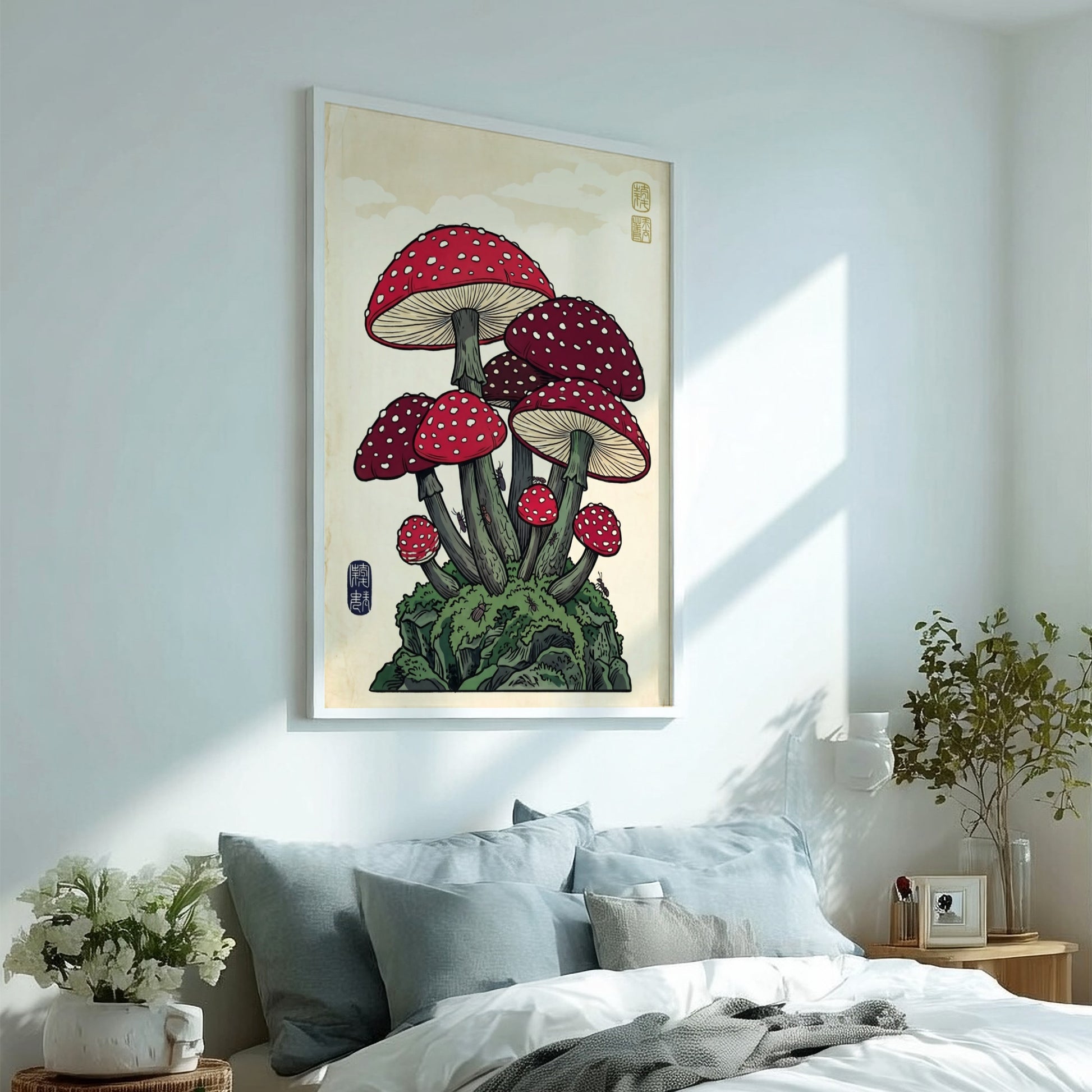 Fantasy mushrooms poster featuring vibrant red and white colors in Japanese art style