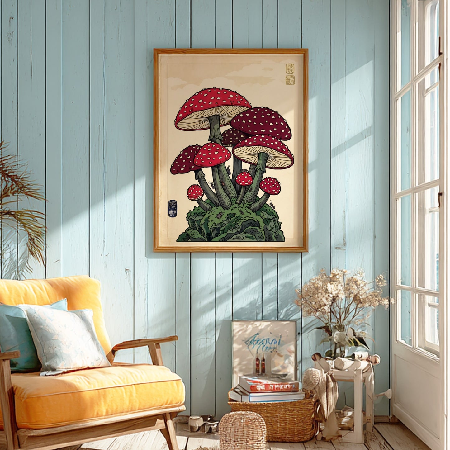 Fantasy mushrooms poster featuring vibrant red and white colors in Japanese art style