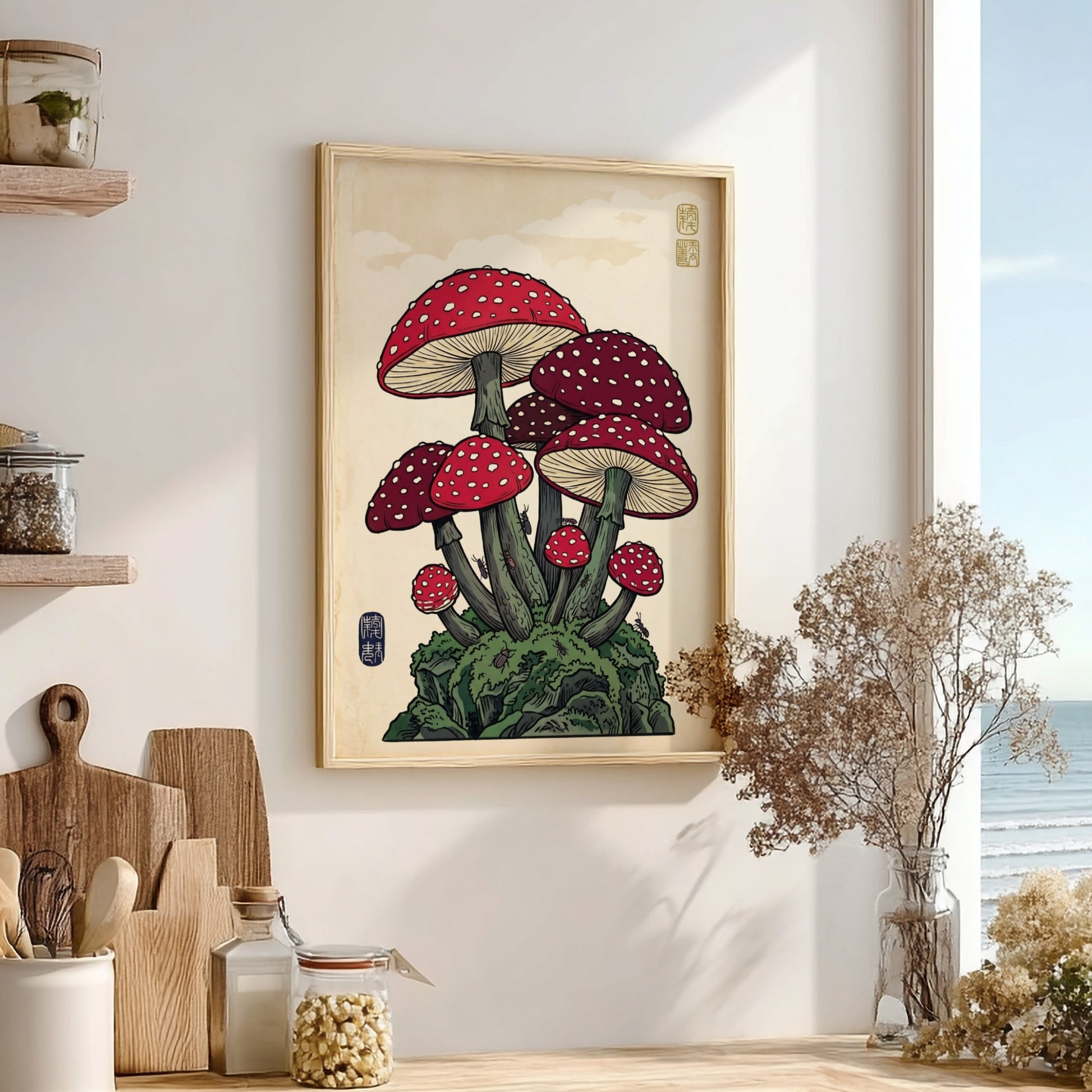 Fantasy mushrooms poster featuring vibrant red and white colors in Japanese art style