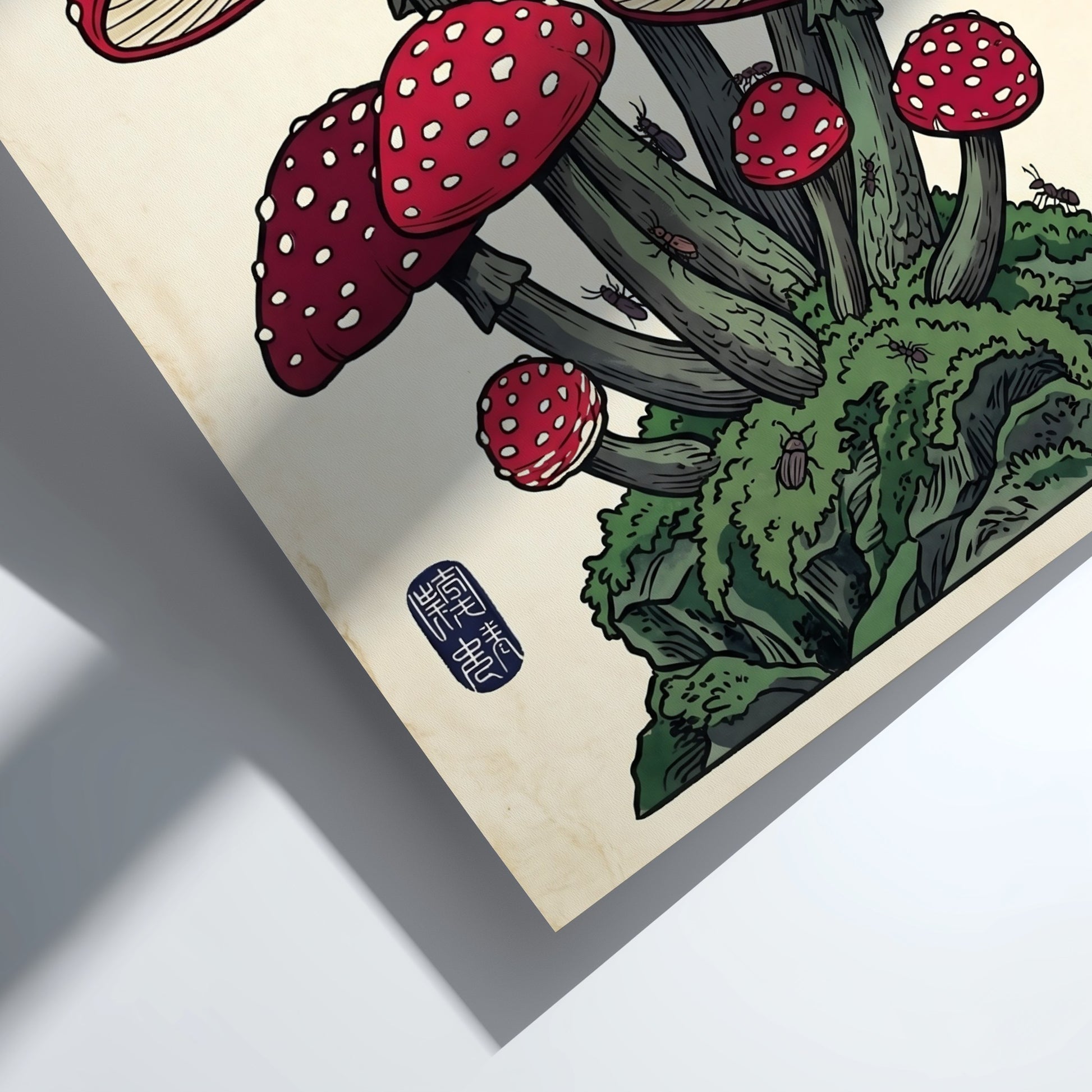 Fantasy mushrooms poster featuring vibrant red and white colors in Japanese art style