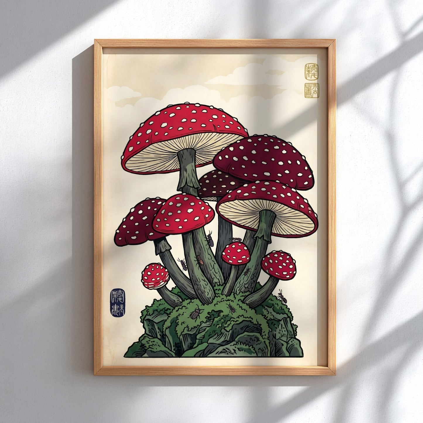 Fantasy mushrooms poster featuring vibrant red and white colors in Japanese art style