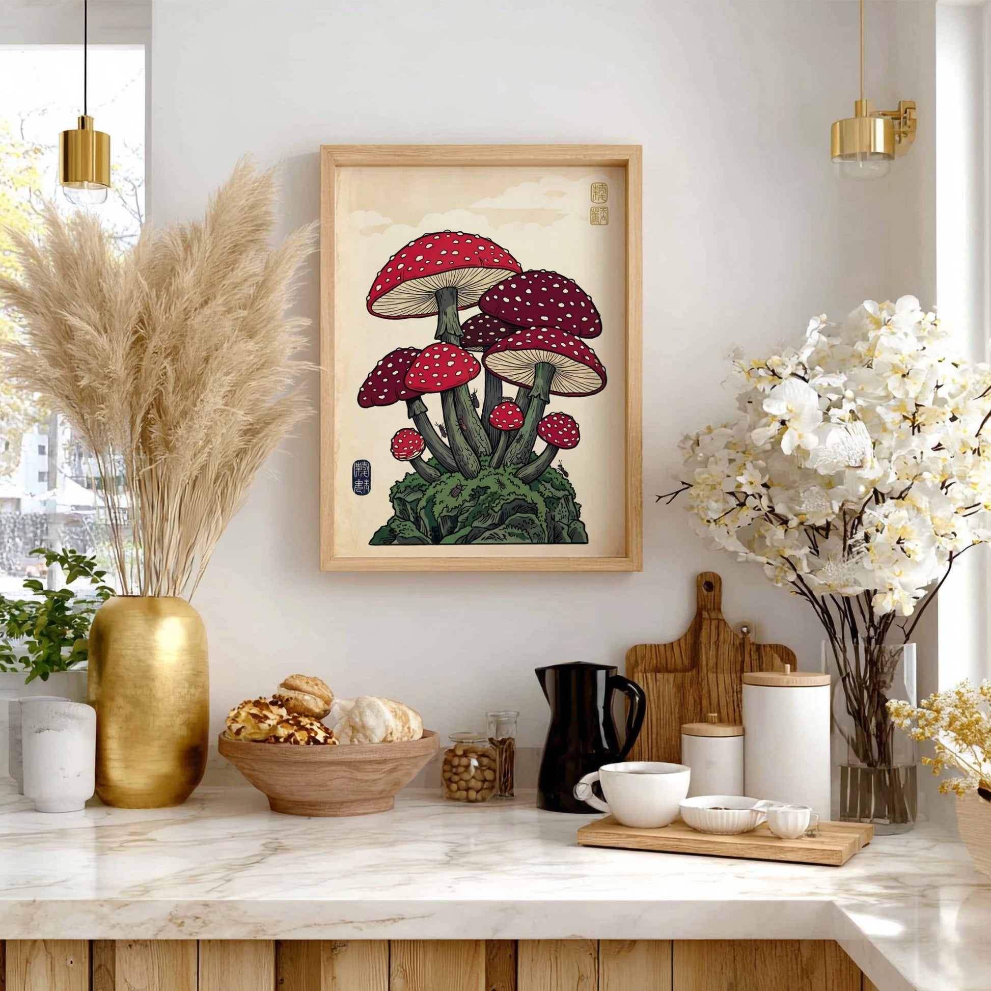 Fantasy mushrooms poster featuring vibrant red and white colors in Japanese art style