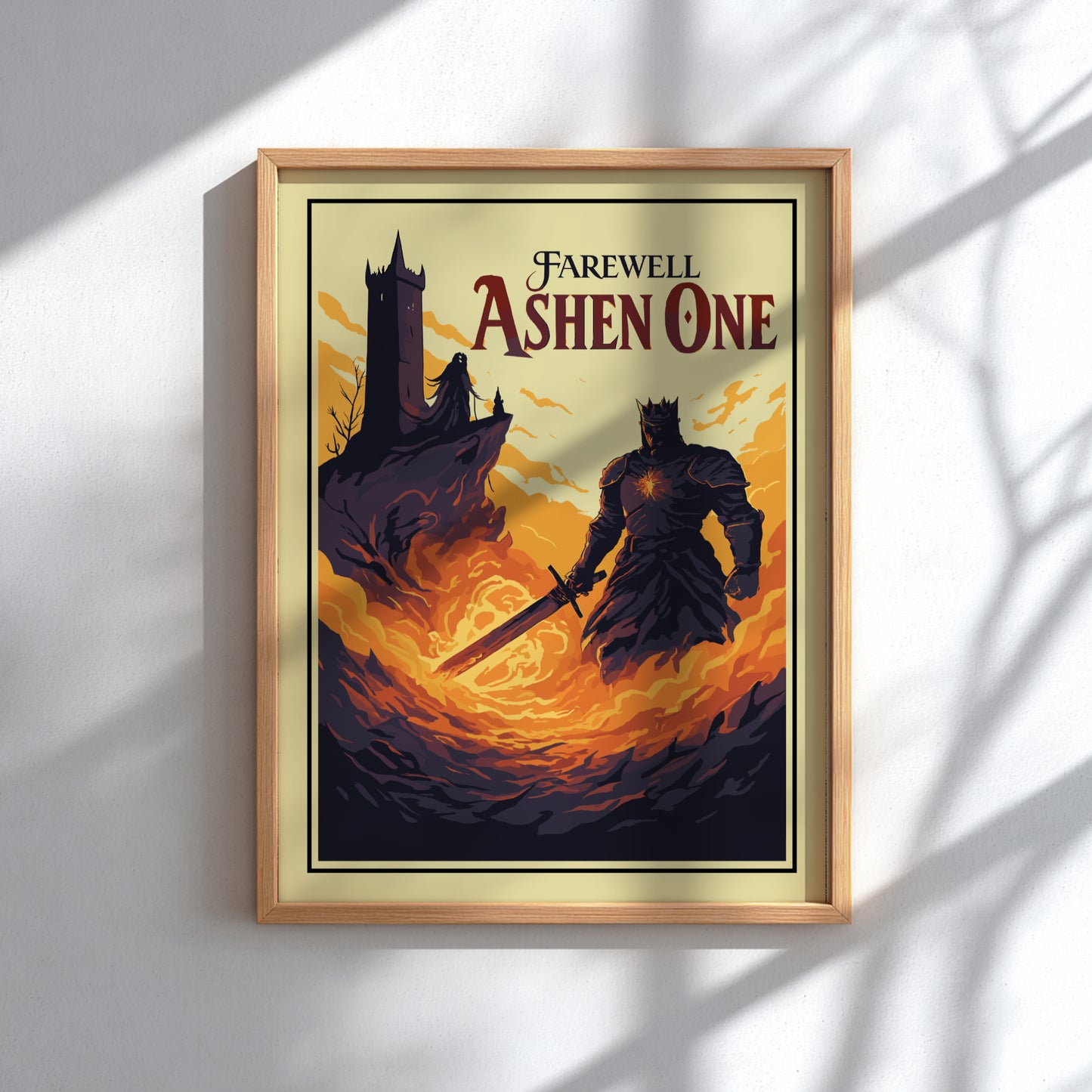 Framed artwork with Farewell Ashen One from Dark Souls against a fiery background.