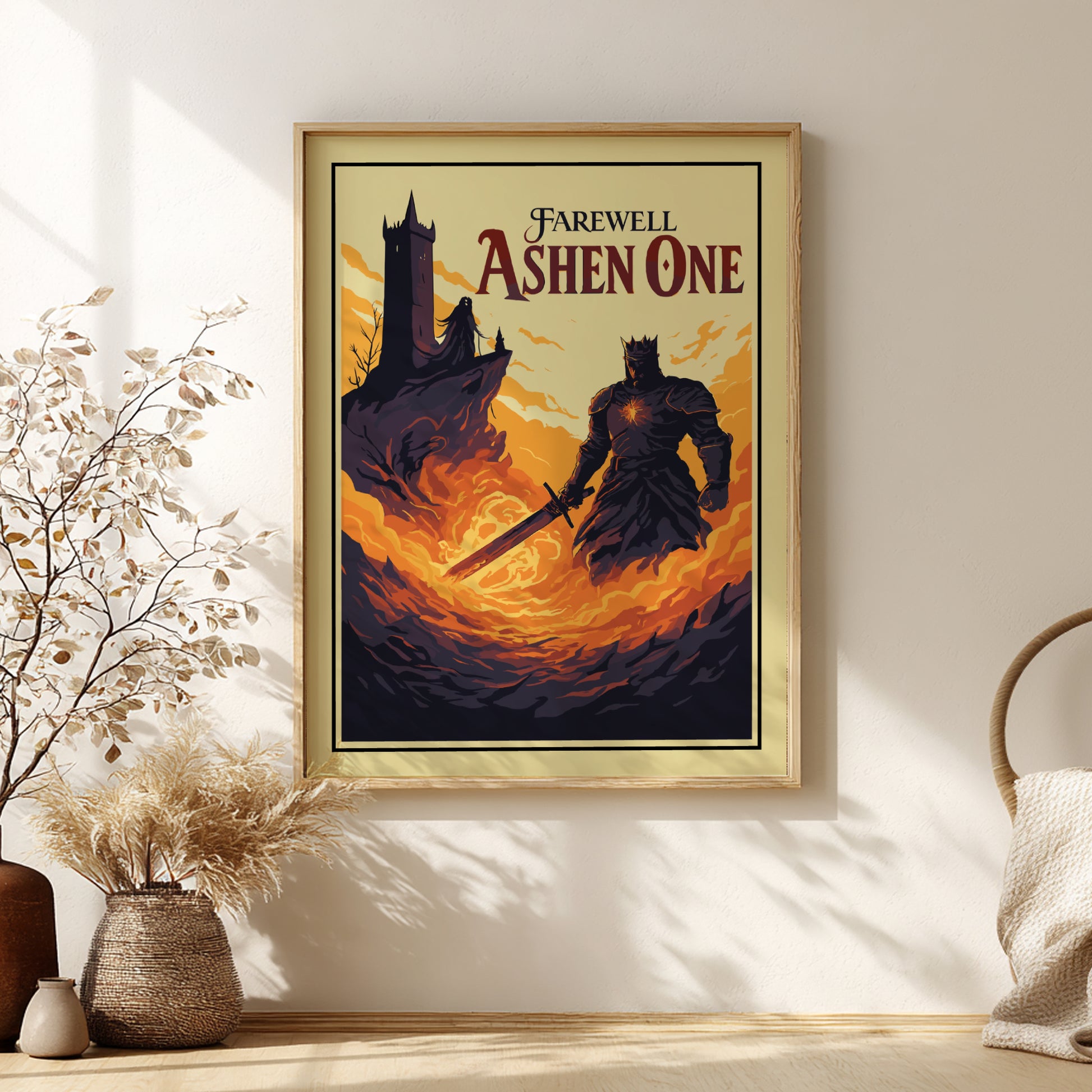 Framed artwork Farewell Ashen One from Dark Souls on a wall with decorative elements.
