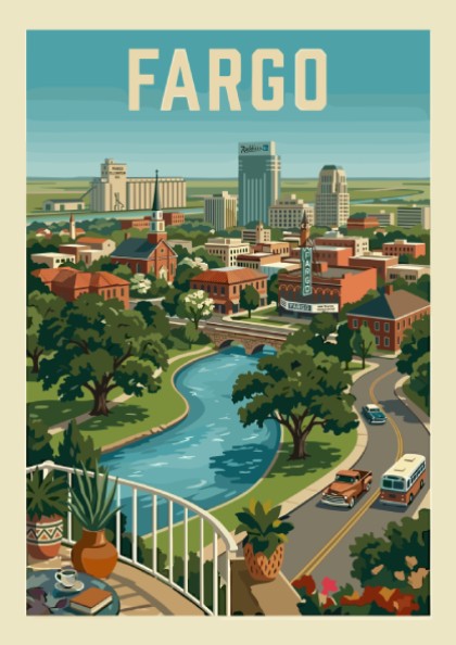 Retro travel poster print of Fargo cityscape with a river and vintage vehicles, in a warm color palette.