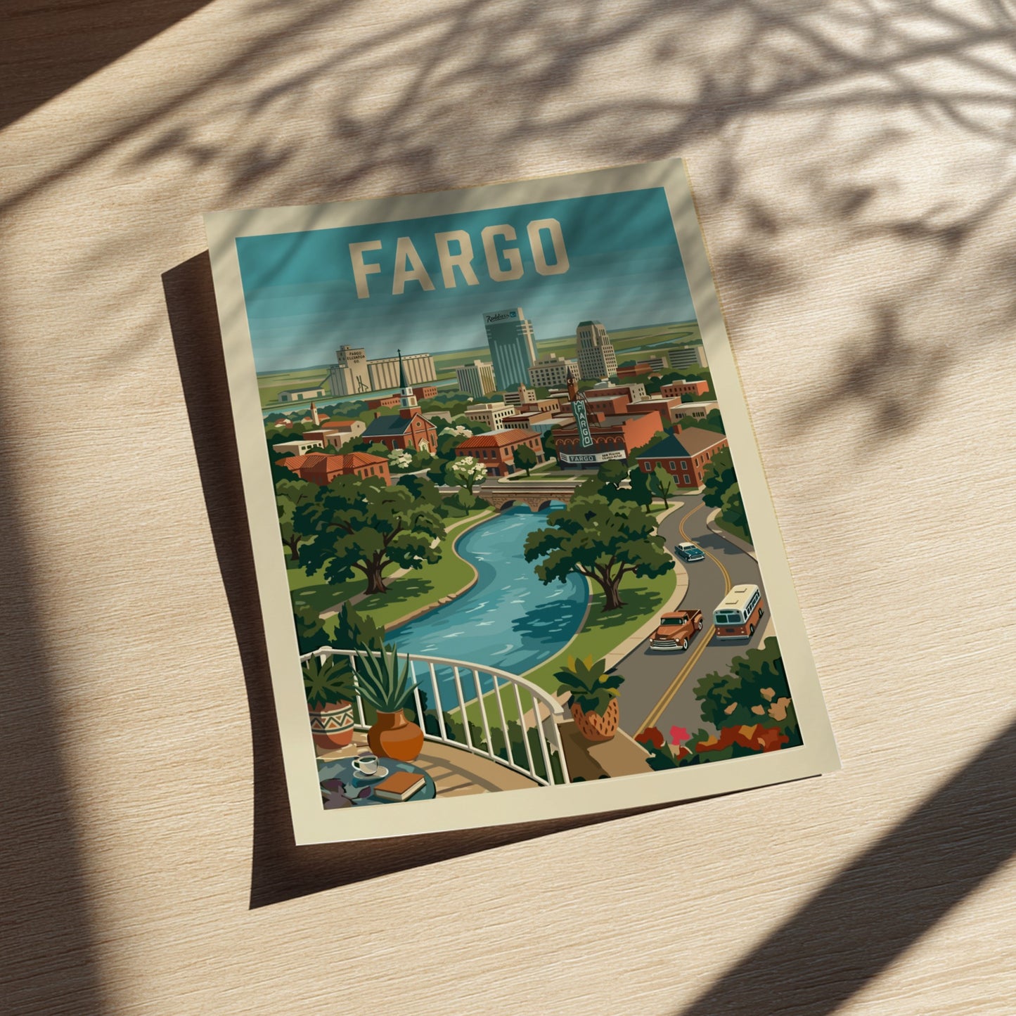 Retro travel poster print of Fargo cityscape with a river and vintage vehicles, in a warm color palette.