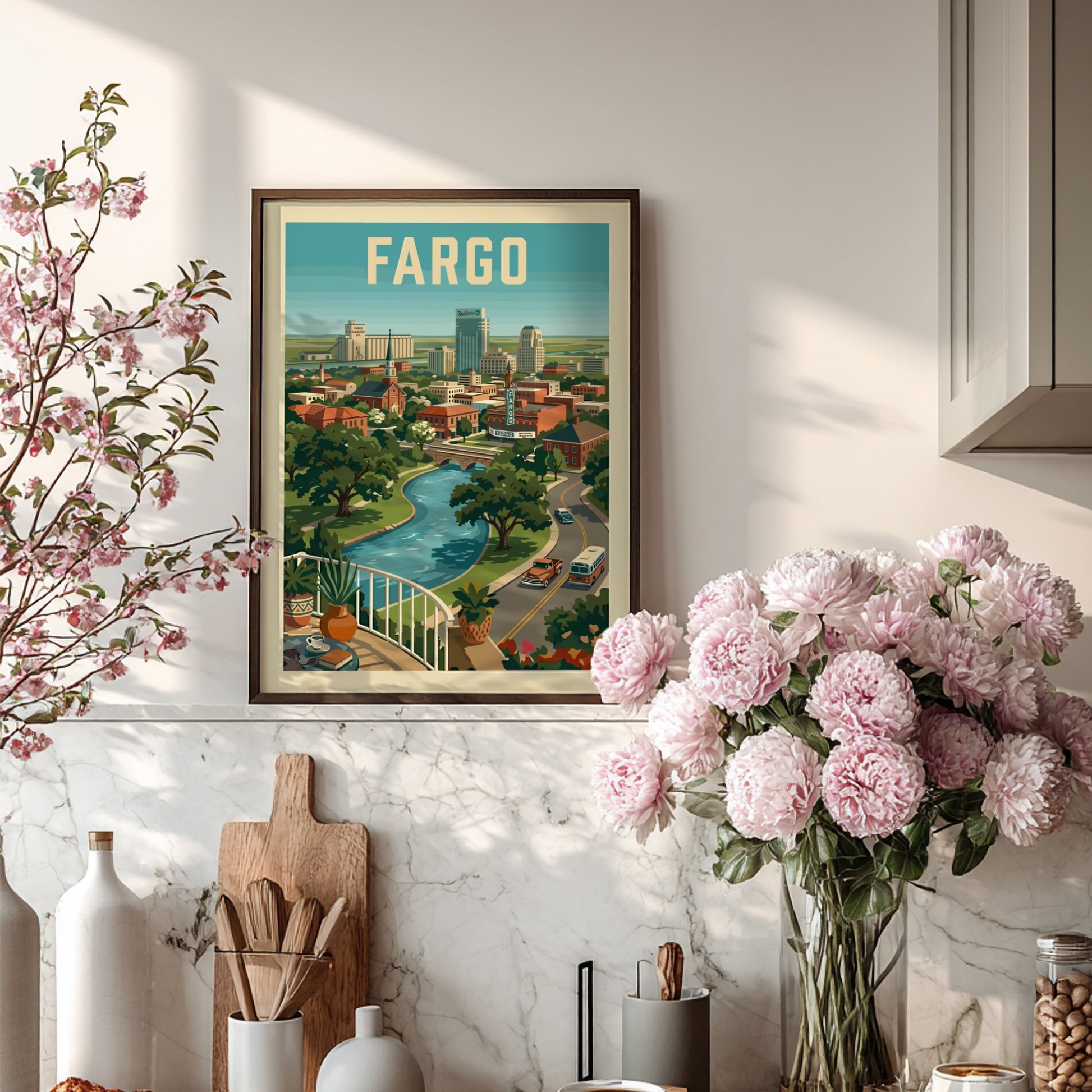 Retro travel poster print of Fargo cityscape with a river and vintage vehicles, in a warm color palette.