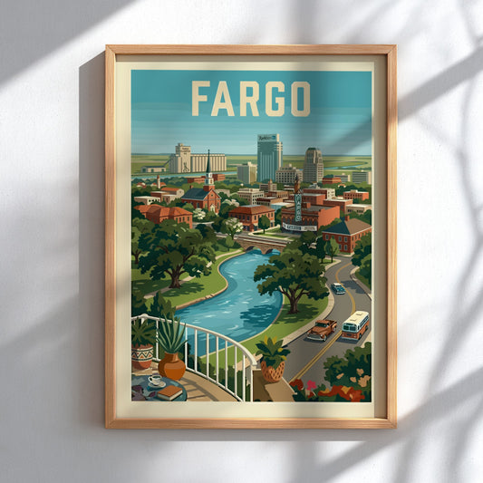 Retro travel poster print of Fargo cityscape with a river and vintage vehicles, in a warm color palette.