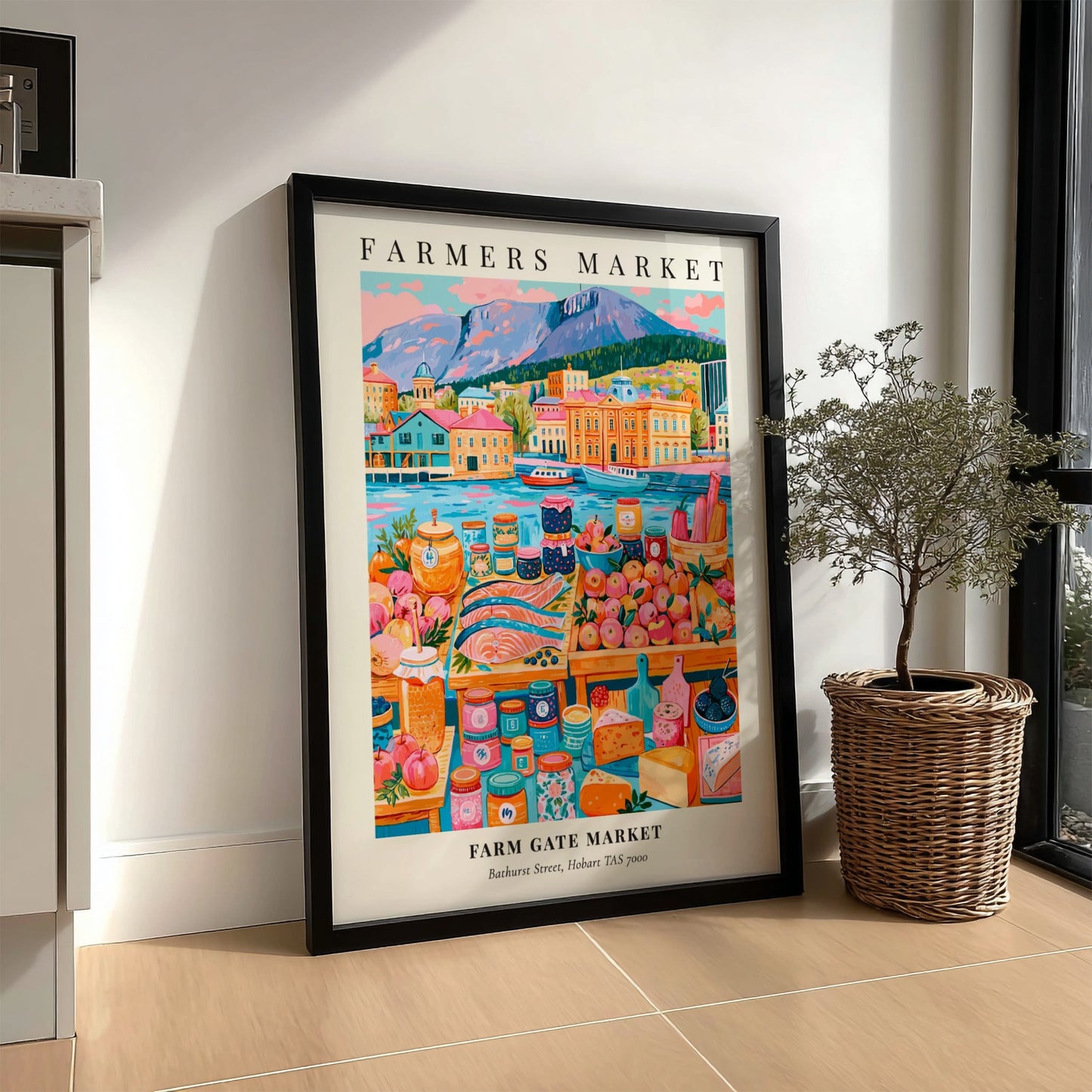 Farm Gate Market poster featuring vibrant colors, local produce, and Hobart's scenic waterfront