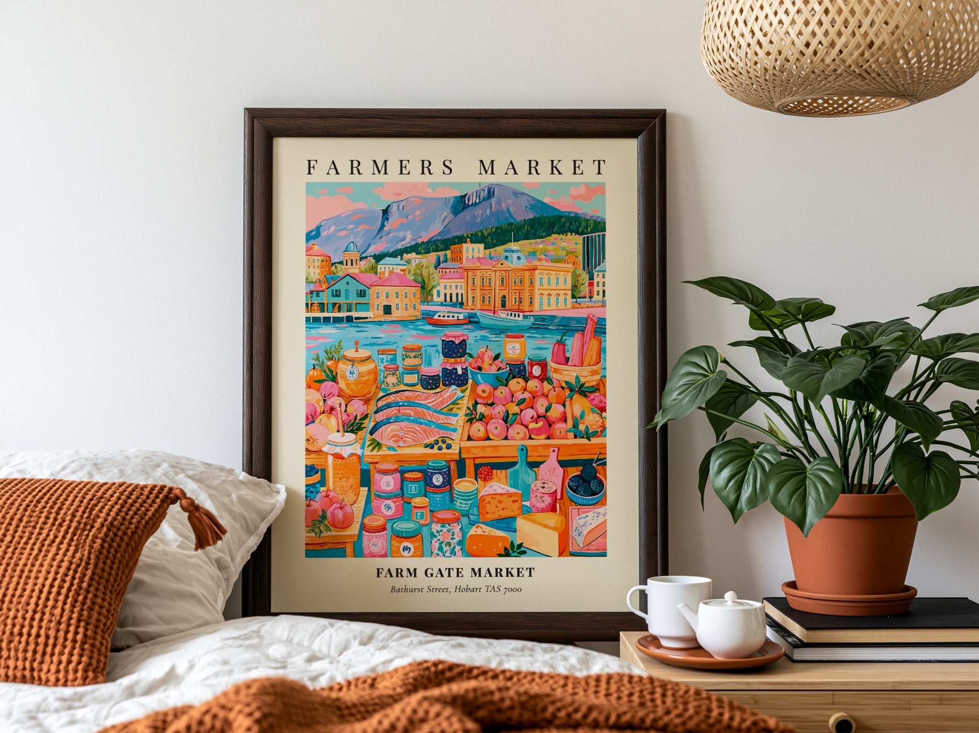 Farm Gate Market poster featuring vibrant colors, local produce, and Hobart's scenic waterfront