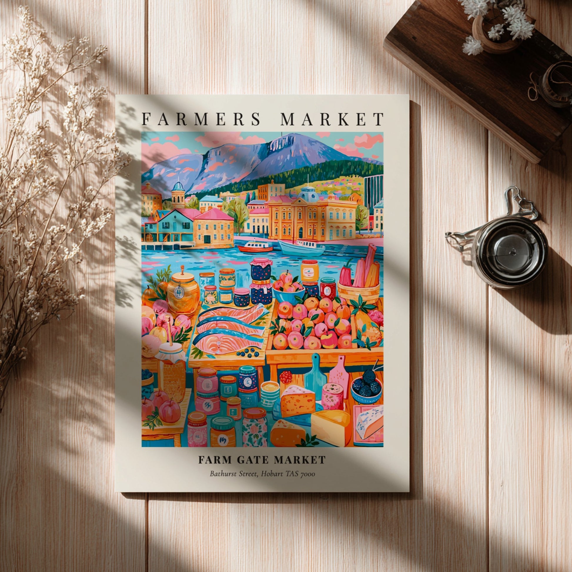 Farm Gate Market poster featuring vibrant colors, local produce, and Hobart's scenic waterfront