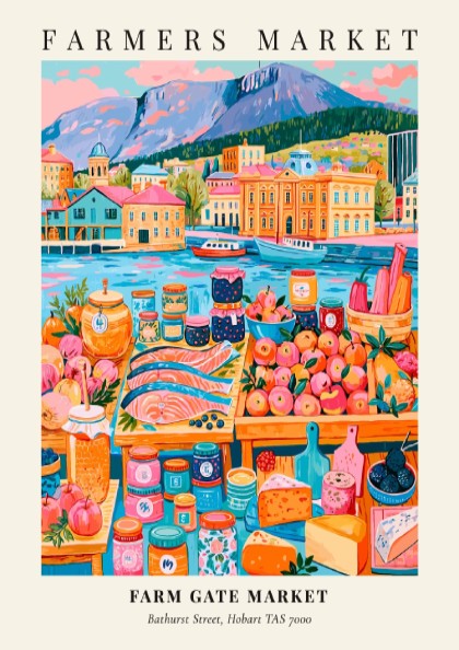 Farm Gate Market poster featuring vibrant colors, local produce, and Hobart's scenic waterfront