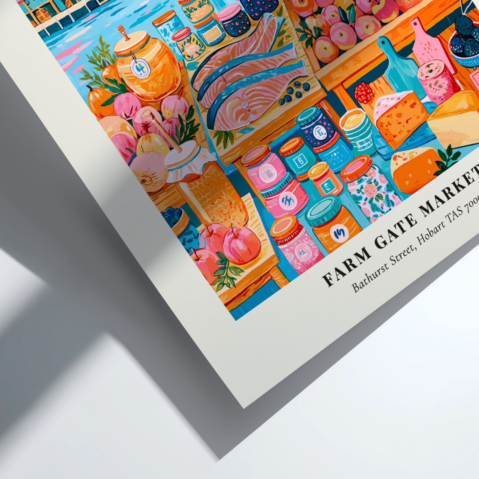 Farm Gate Market poster featuring vibrant colors, local produce, and Hobart's scenic waterfront