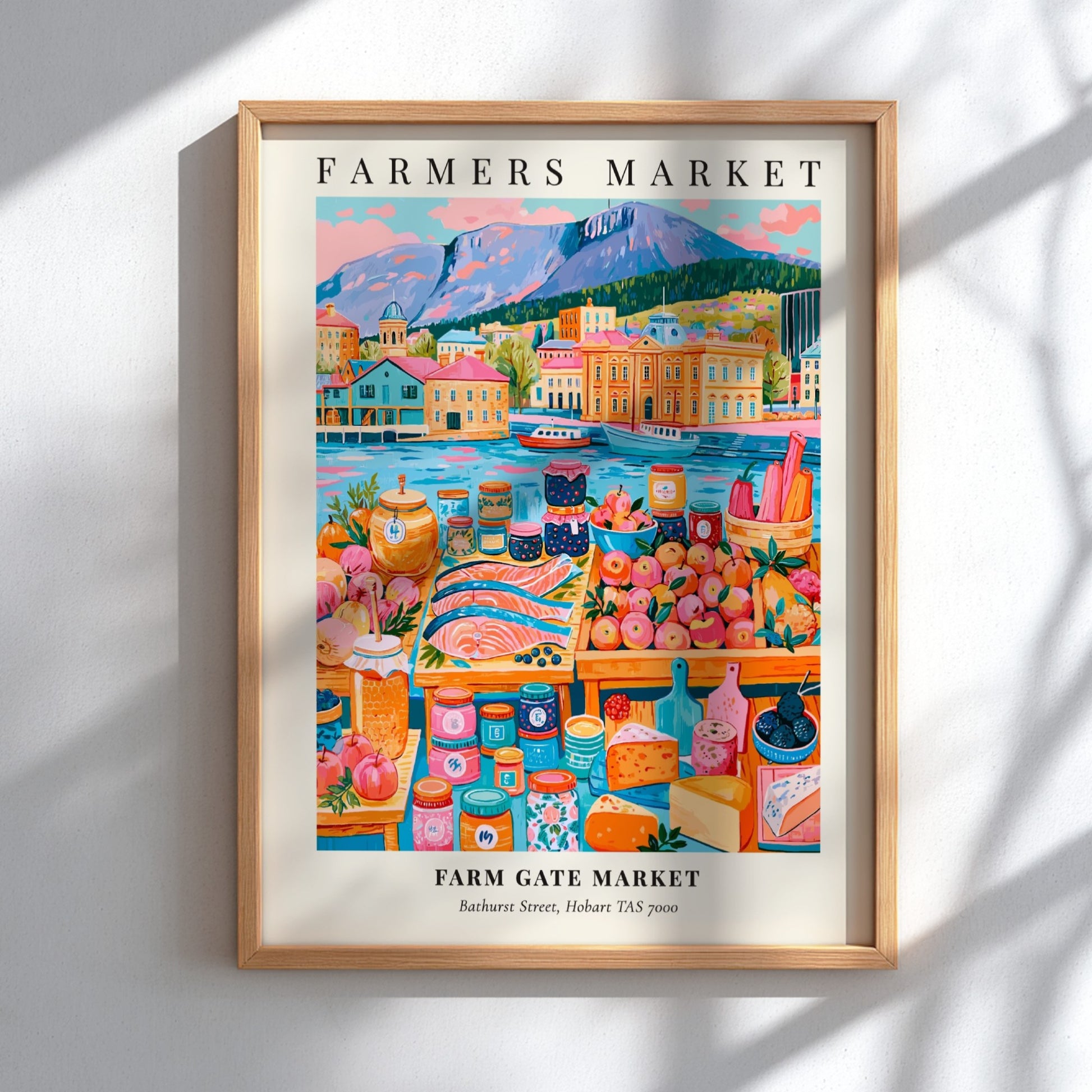 Farm Gate Market poster featuring vibrant colors, local produce, and Hobart's scenic waterfront