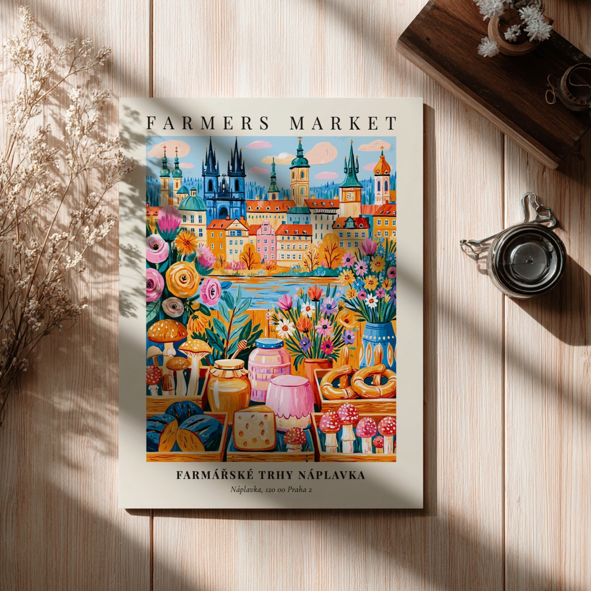 Náplavka Farmers Market poster featuring colorful produce and Prague skyline