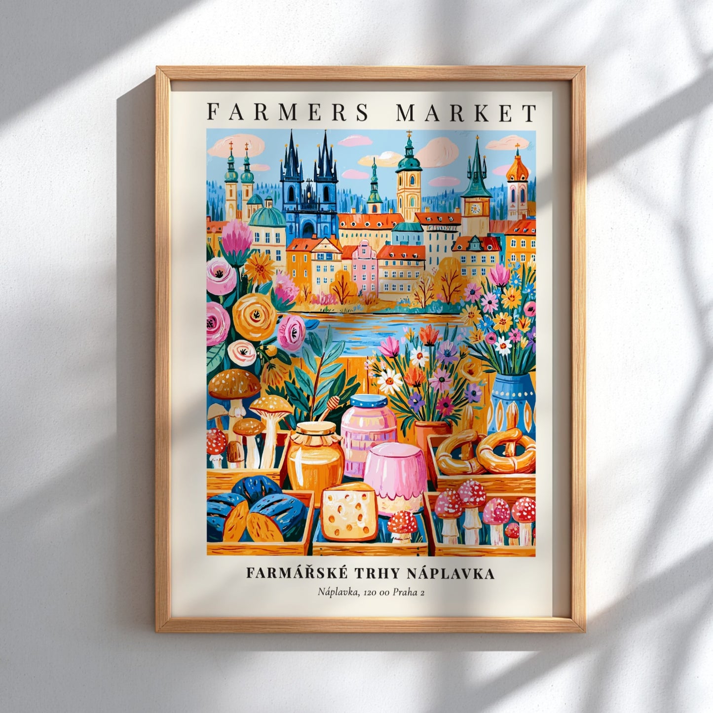 Náplavka Farmers Market poster featuring colorful produce and Prague skyline