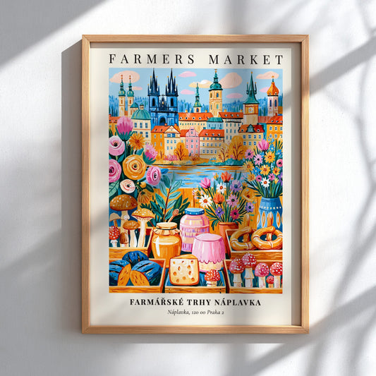 Náplavka Farmers Market poster featuring colorful produce and Prague skyline