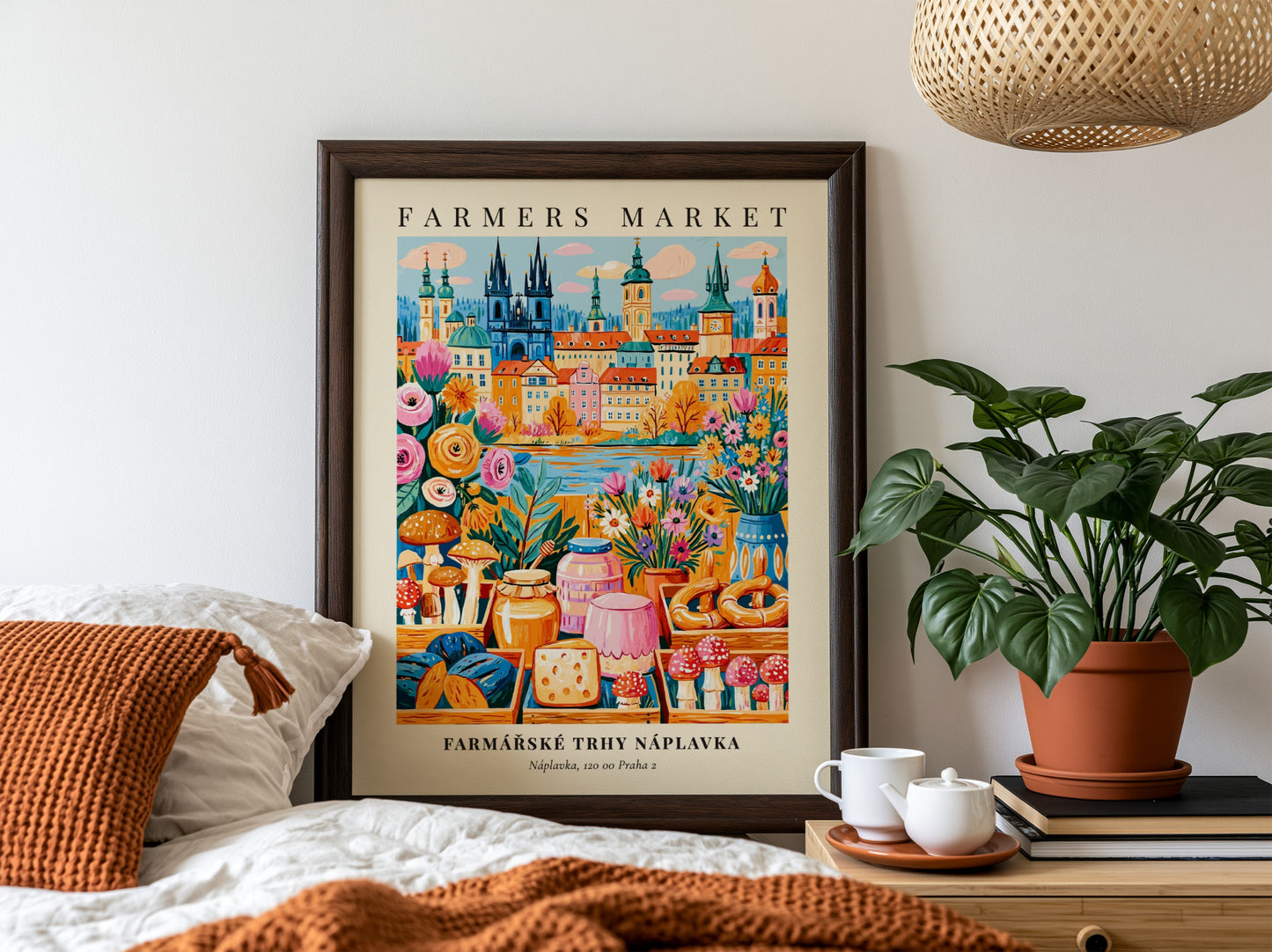 Náplavka Farmers Market poster featuring colorful produce and Prague skyline