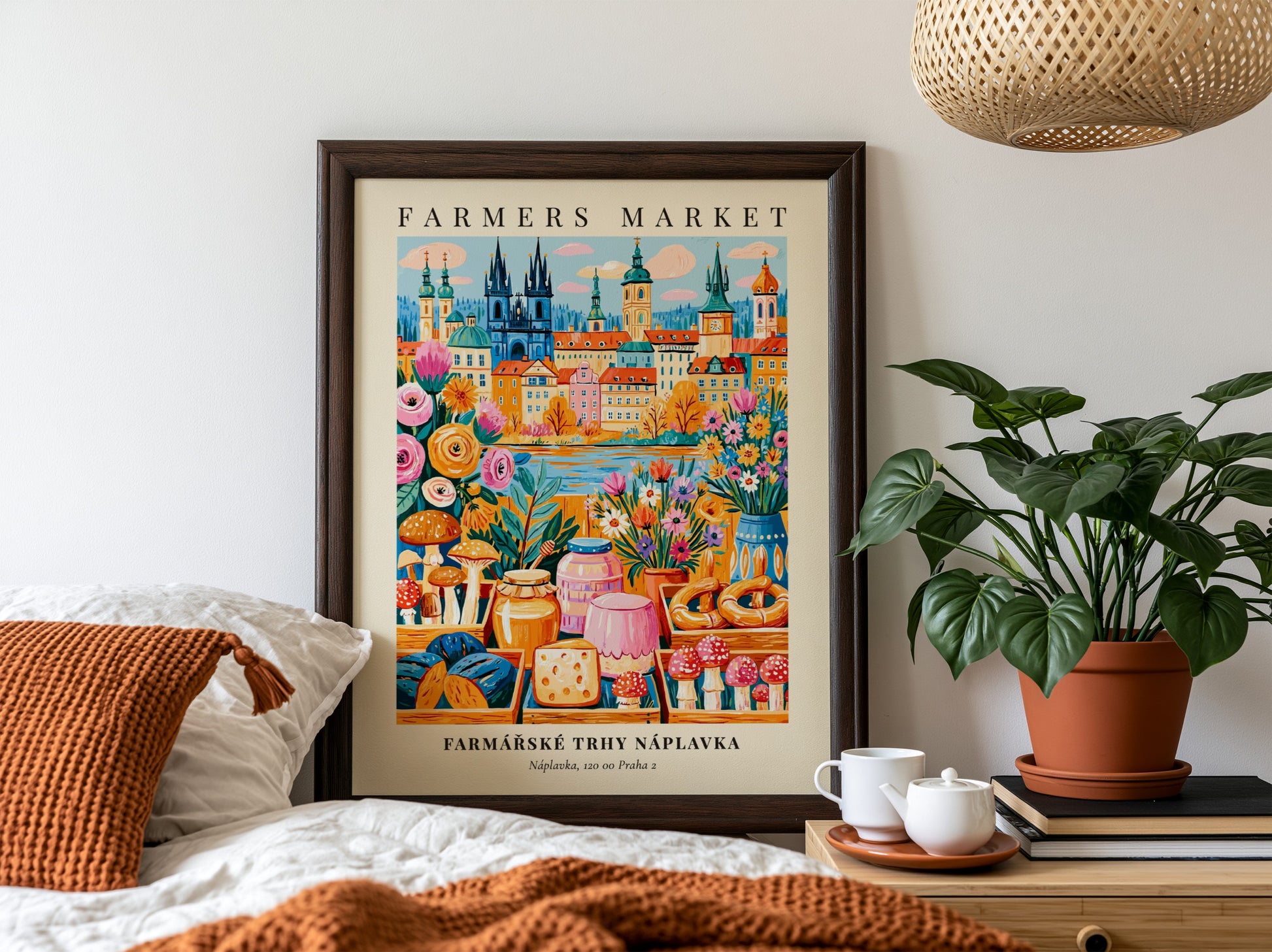 Náplavka Farmers Market poster featuring colorful produce and Prague skyline