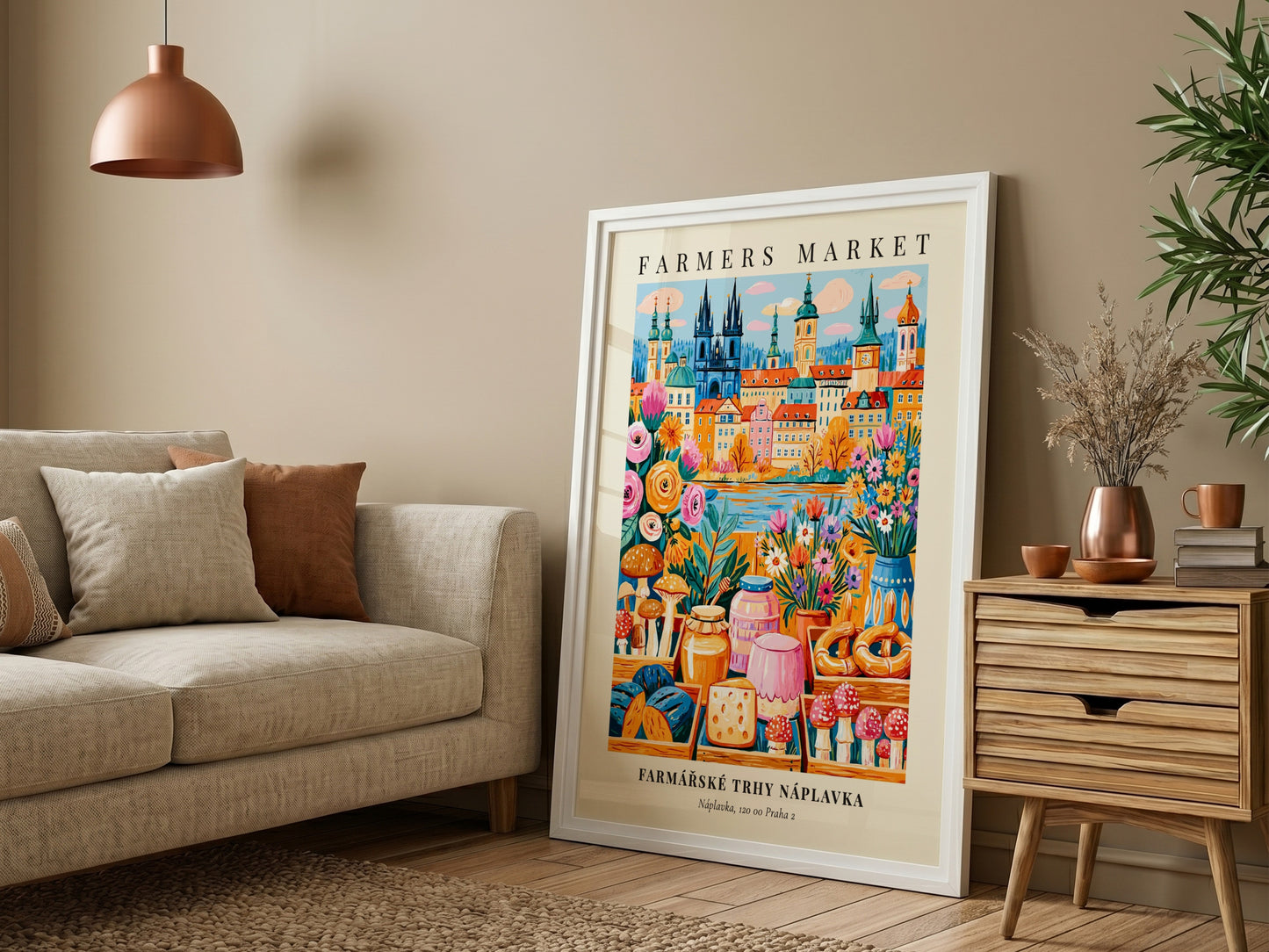 Náplavka Farmers Market poster featuring colorful produce and Prague skyline
