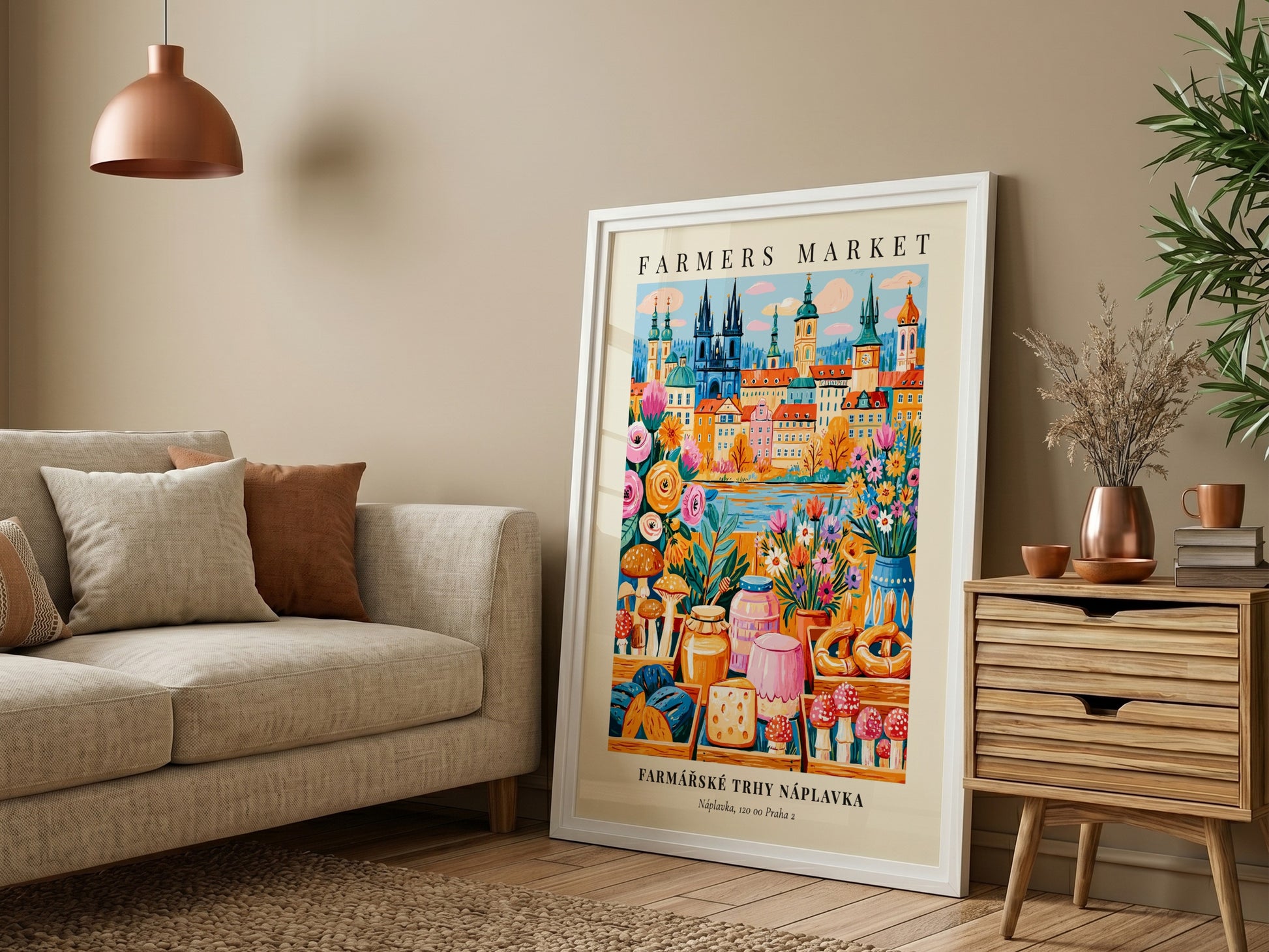 Náplavka Farmers Market poster featuring colorful produce and Prague skyline