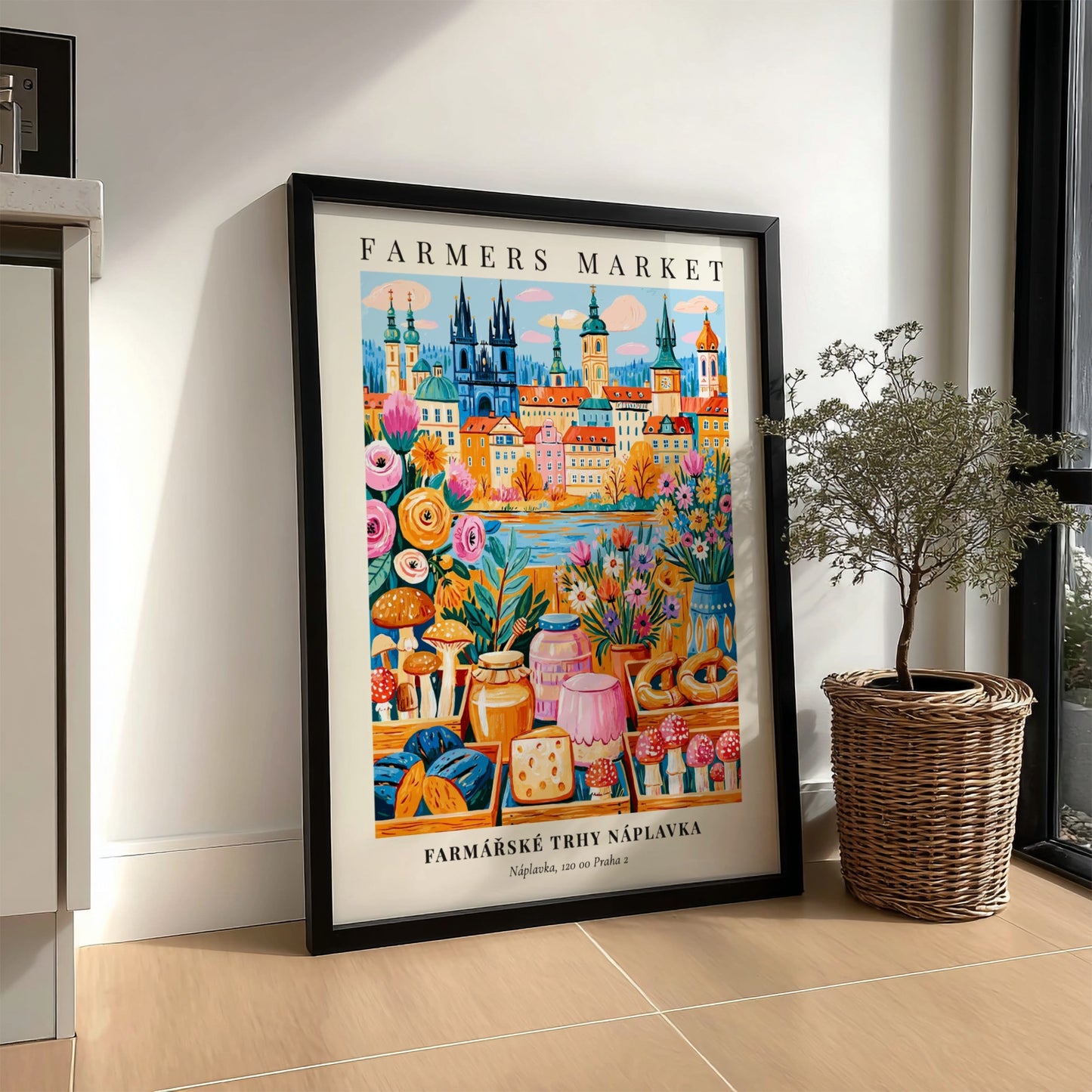 Náplavka Farmers Market poster featuring colorful produce and Prague skyline