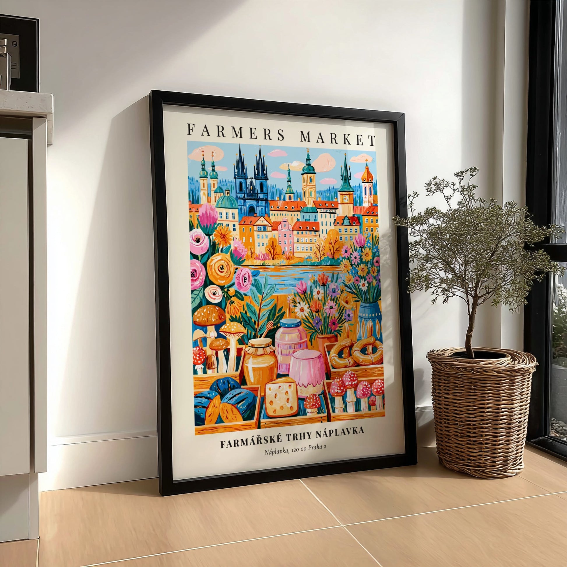 Náplavka Farmers Market poster featuring colorful produce and Prague skyline