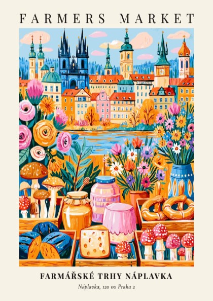 Náplavka Farmers Market poster featuring colorful produce and Prague skyline