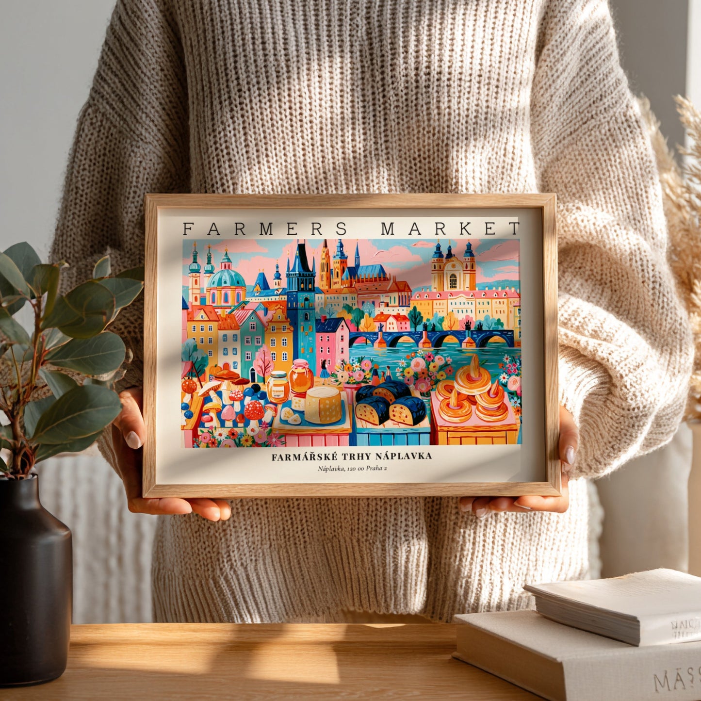 Farmers market poster showcasing vibrant colors and Prague's cityscape with fresh produce and pastries
