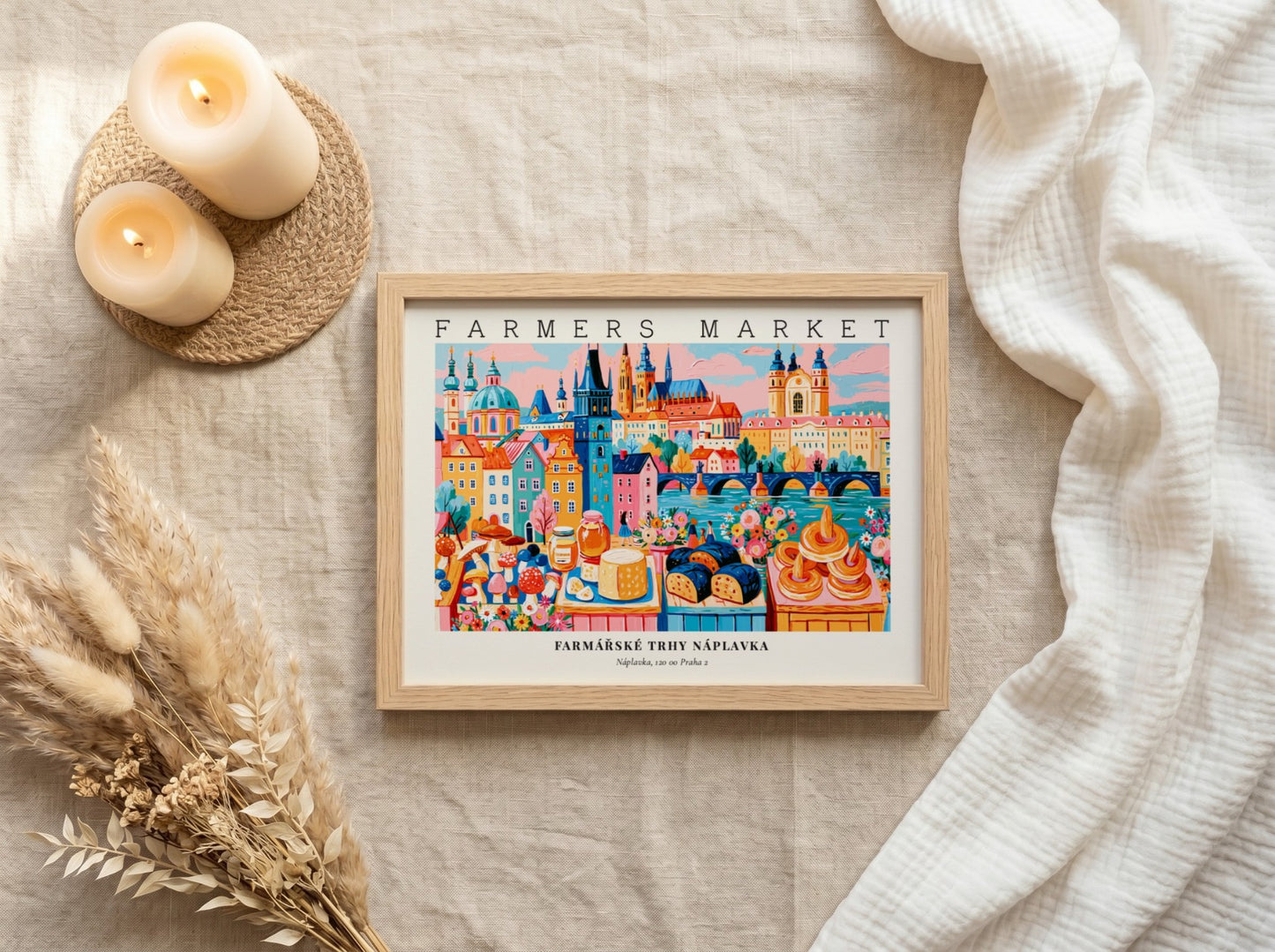 Farmers market poster showcasing vibrant colors and Prague's cityscape with fresh produce and pastries