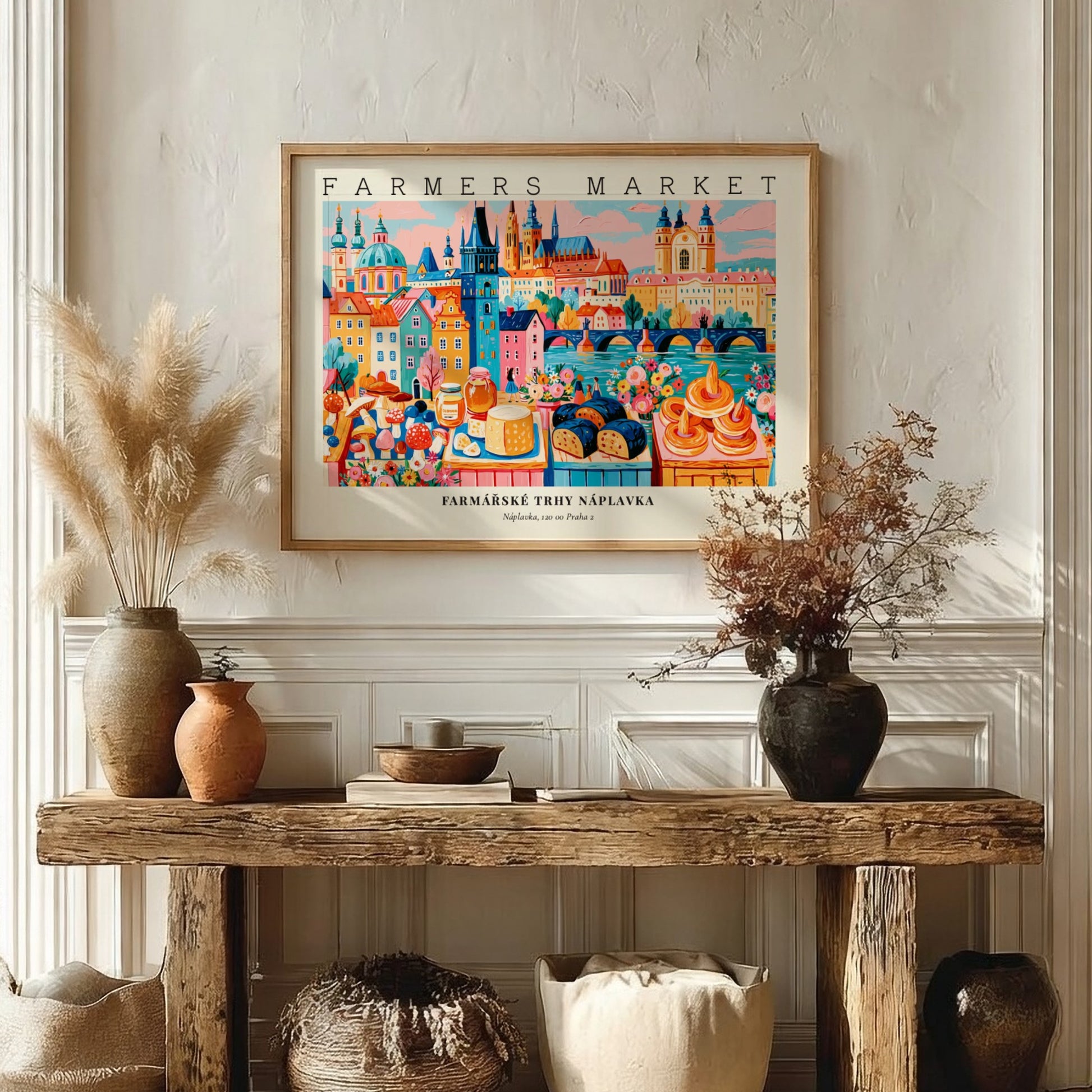 Farmers market poster showcasing vibrant colors and Prague's cityscape with fresh produce and pastries