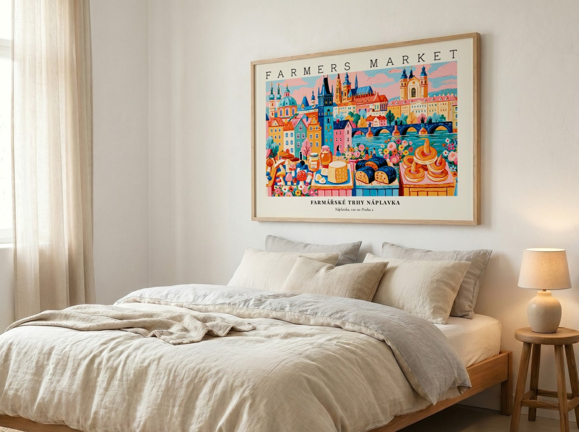 Farmers market poster showcasing vibrant colors and Prague's cityscape with fresh produce and pastries