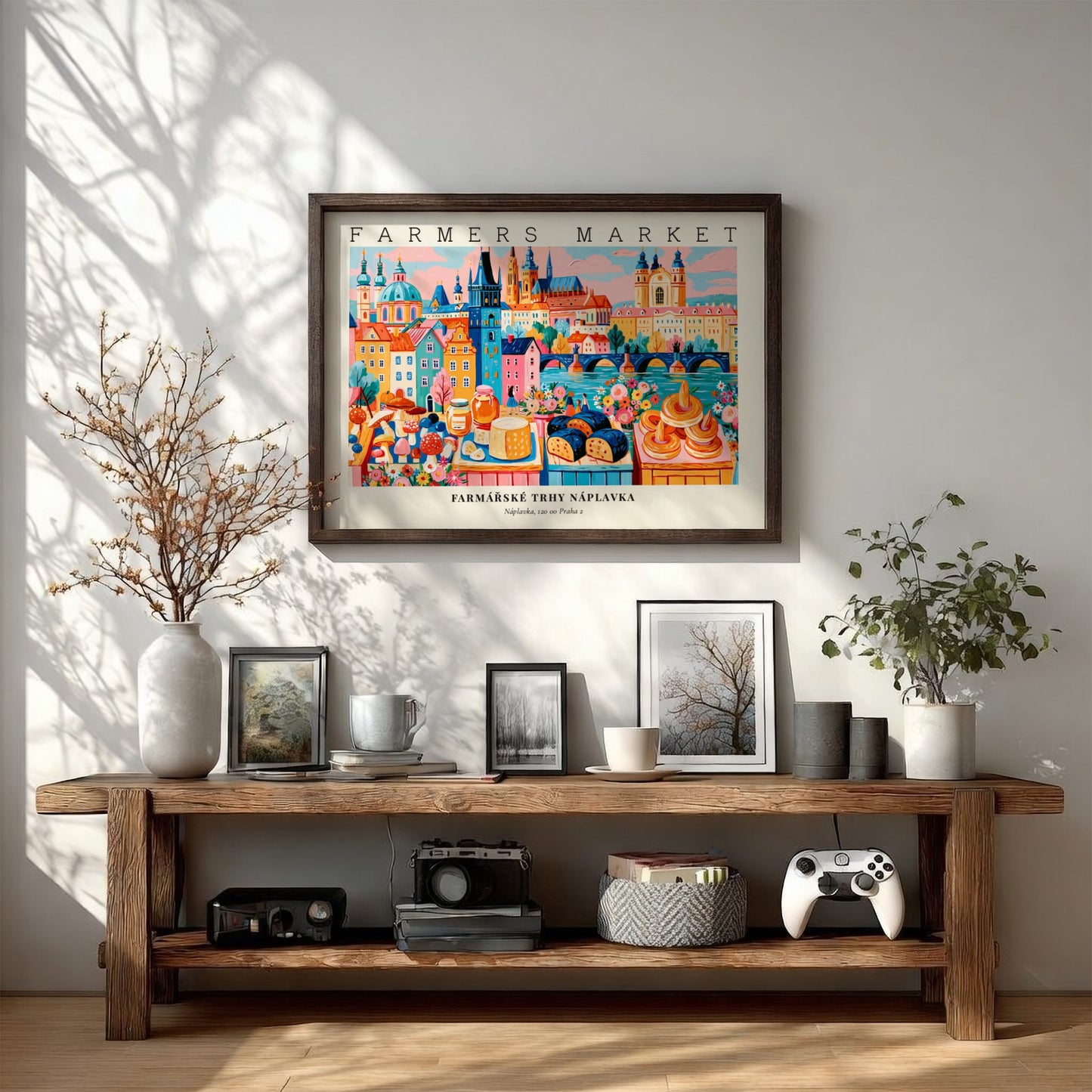 Farmers market poster showcasing vibrant colors and Prague's cityscape with fresh produce and pastries