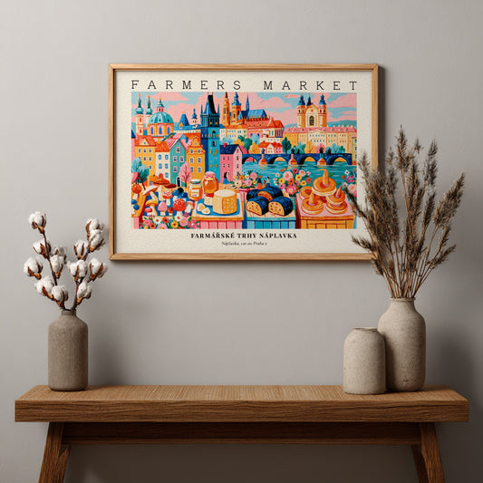 Farmers market poster showcasing vibrant colors and Prague's cityscape with fresh produce and pastries