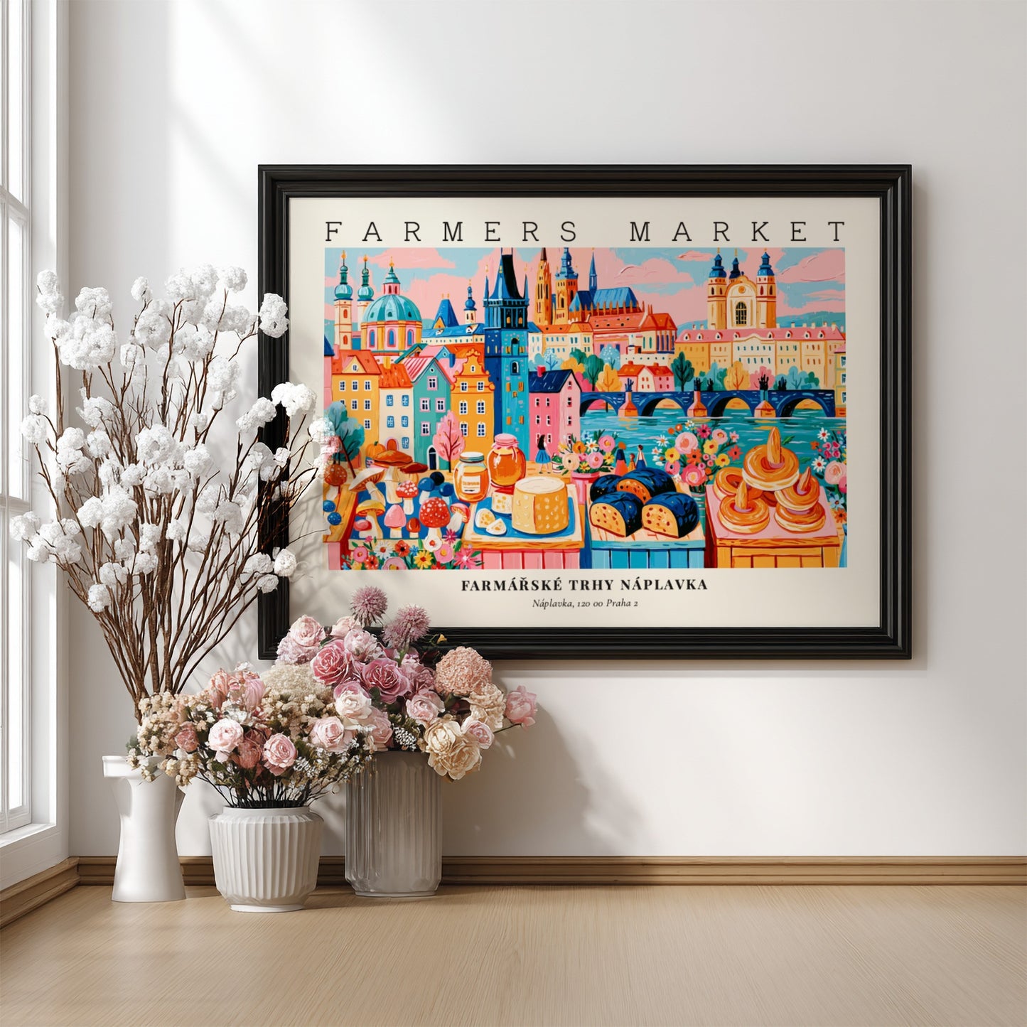 Farmers market poster showcasing vibrant colors and Prague's cityscape with fresh produce and pastries