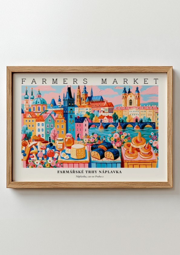 Farmers market poster showcasing vibrant colors and Prague's cityscape with fresh produce and pastries