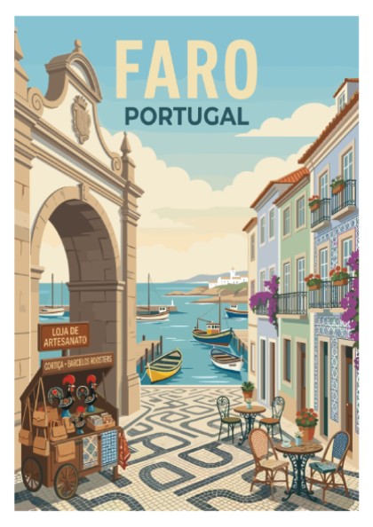 Faro Portugal travel poster featuring a colorful harbor scene with boats and traditional buildings.