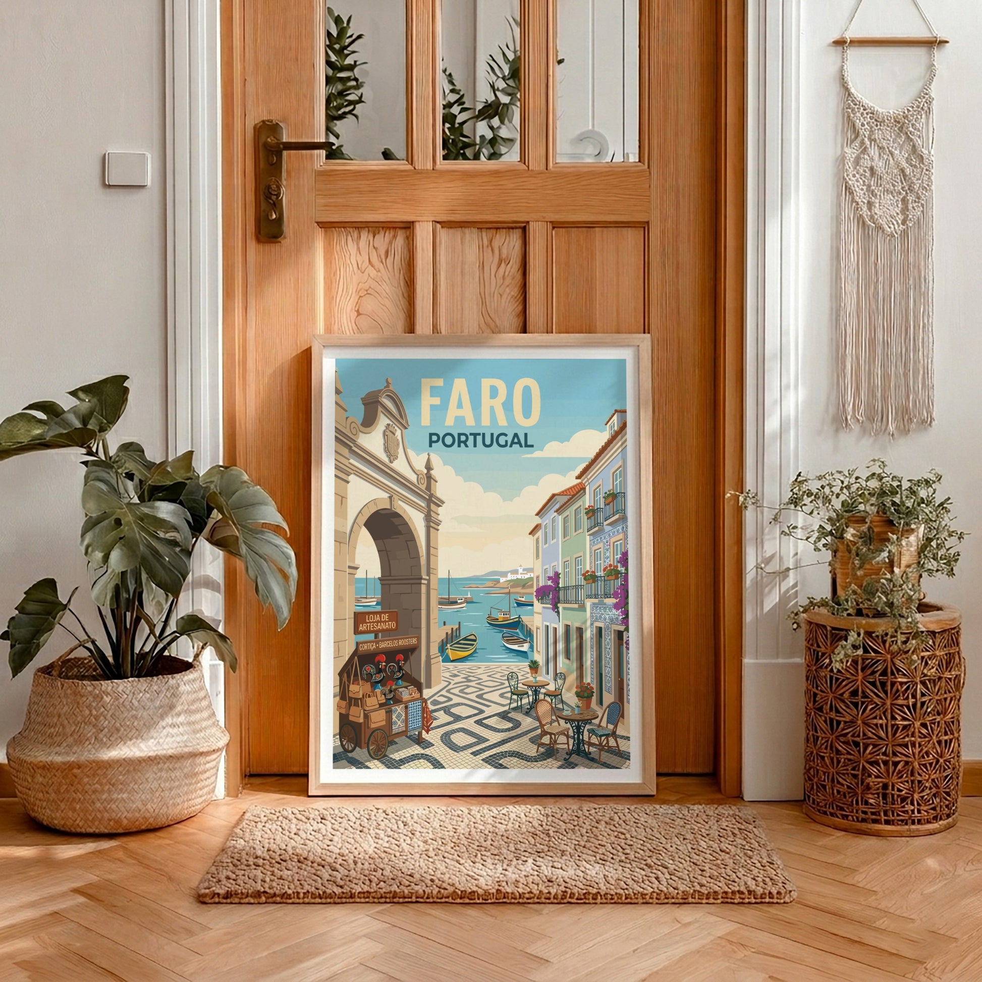 Faro Portugal travel poster featuring a colorful harbor scene with boats and traditional buildings.