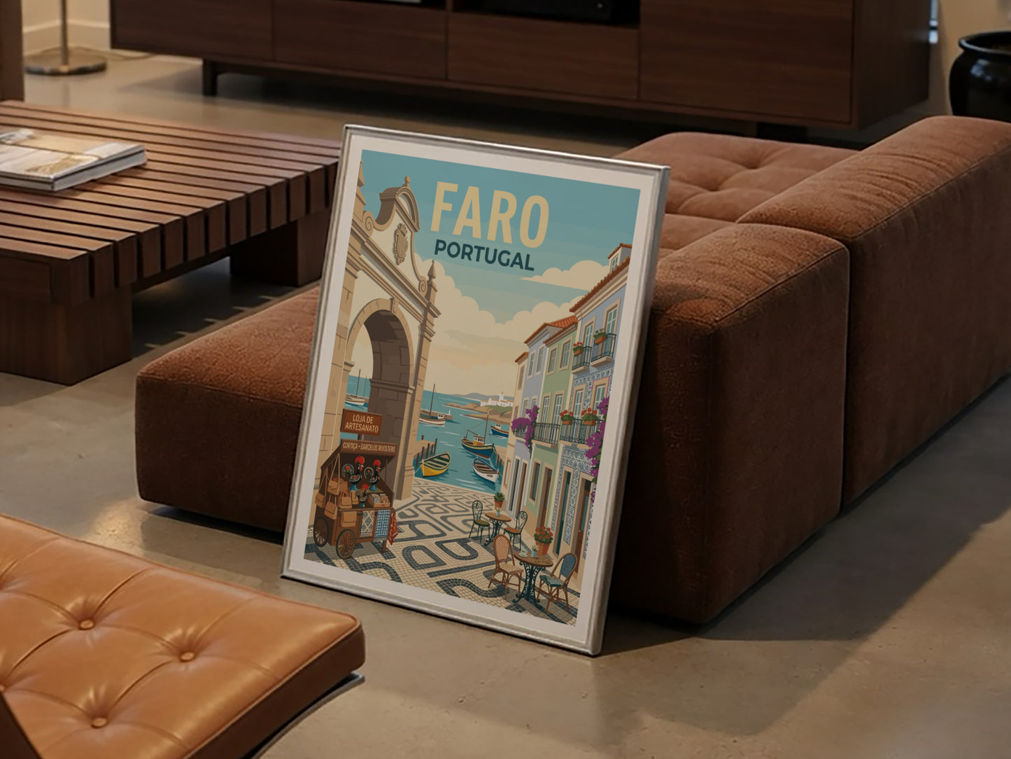 Faro Portugal travel poster featuring a colorful harbor scene with boats and traditional buildings.