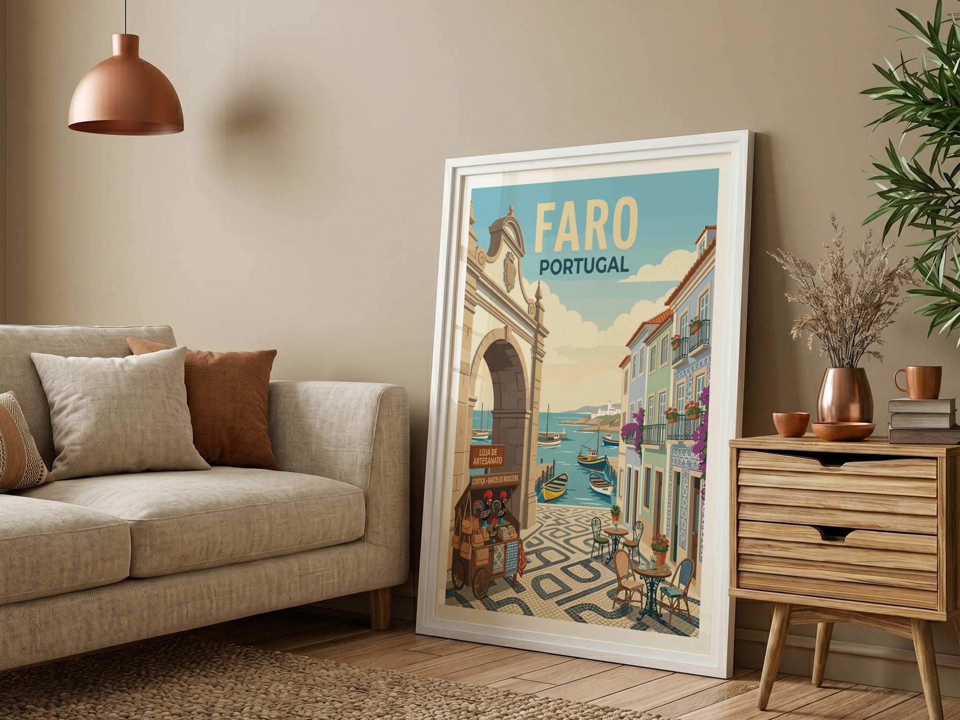 Faro Portugal travel poster featuring a colorful harbor scene with boats and traditional buildings.