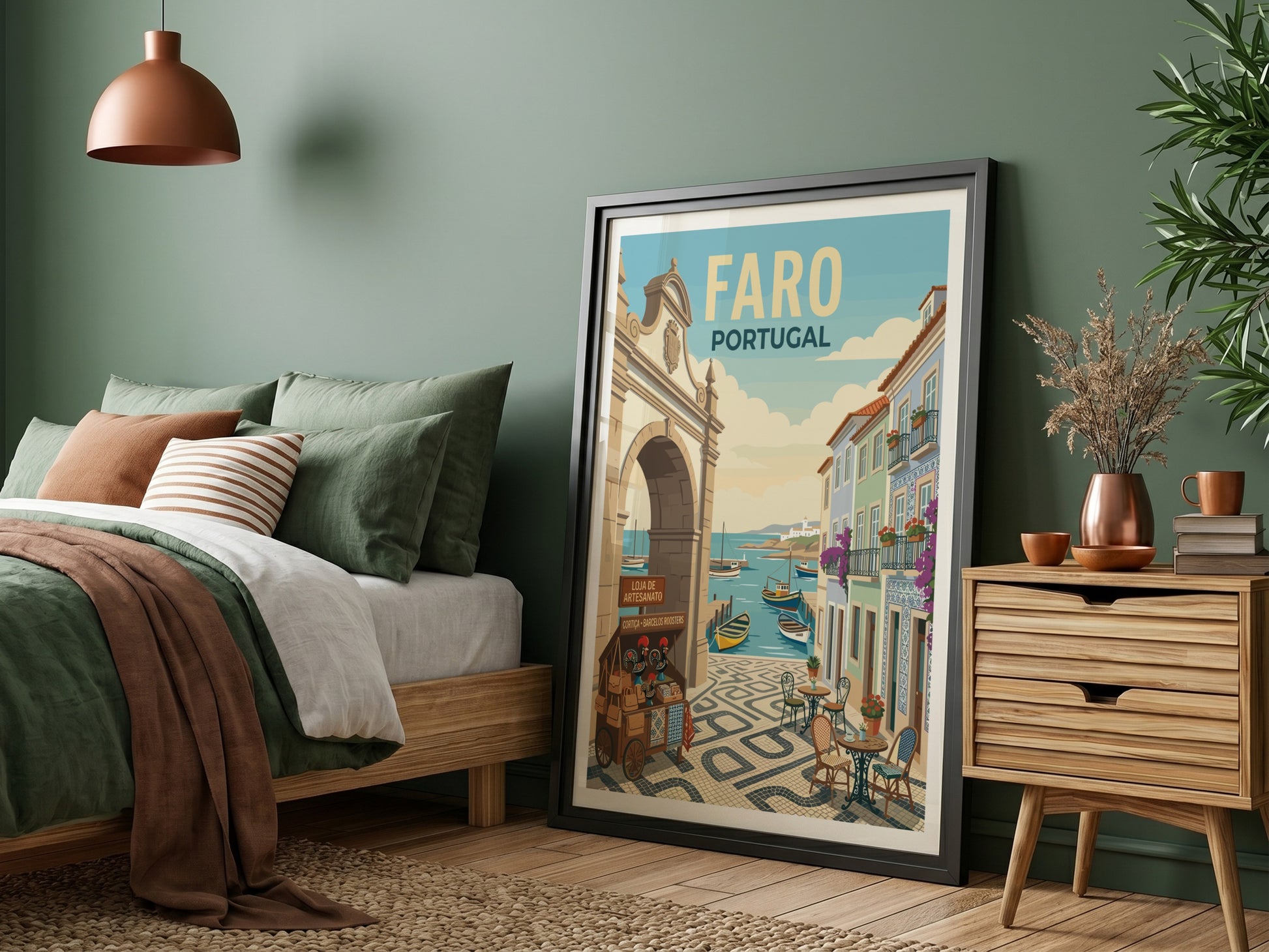 Faro Portugal travel poster featuring a colorful harbor scene with boats and traditional buildings.