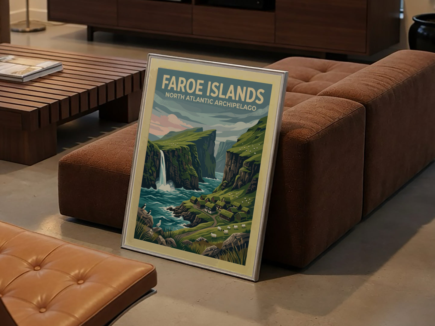 Travel poster of the Faroe Islands showing green cliffs, a waterfall, and puffins.