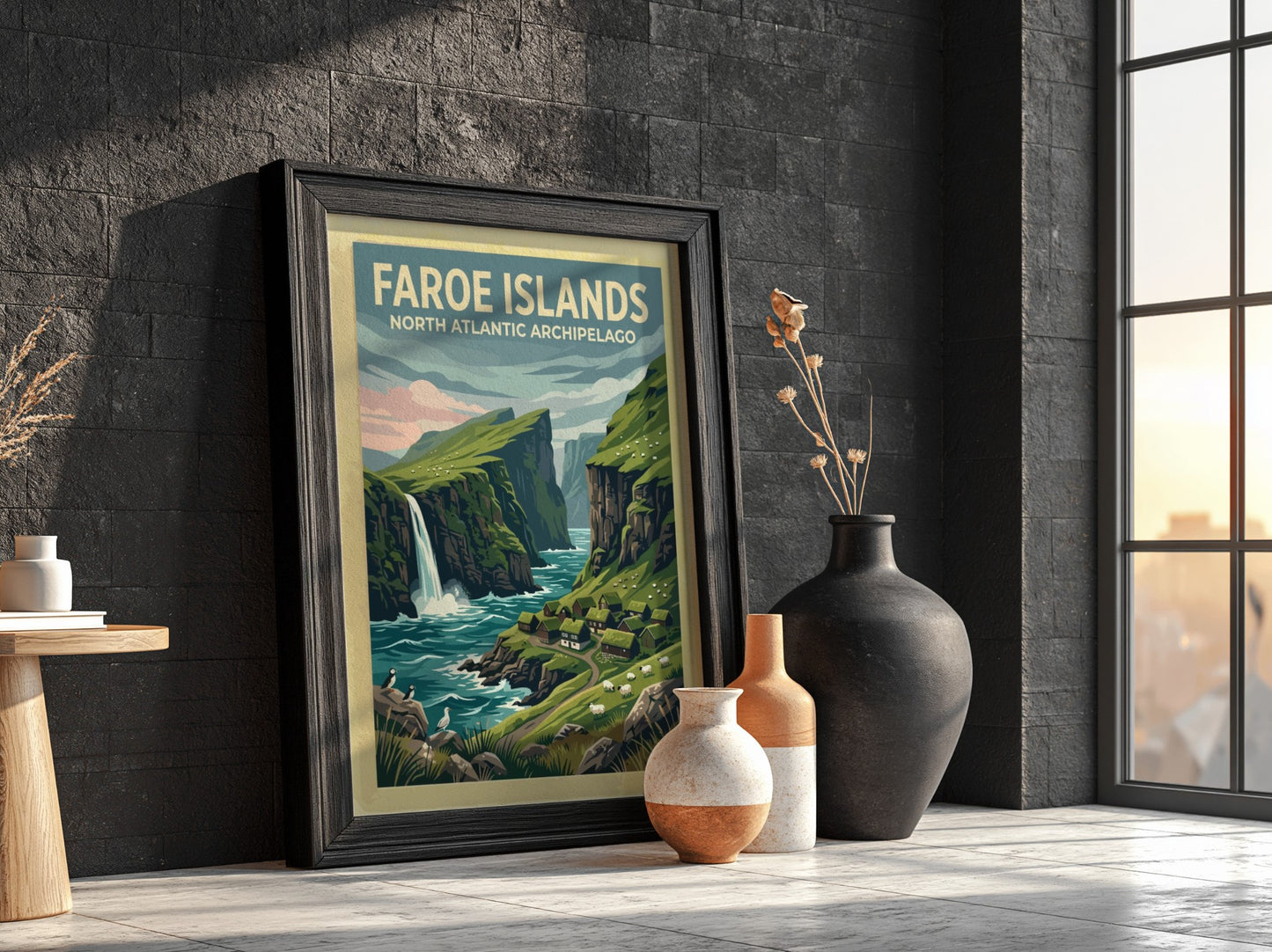 Travel poster of the Faroe Islands showing green cliffs, a waterfall, and puffins.