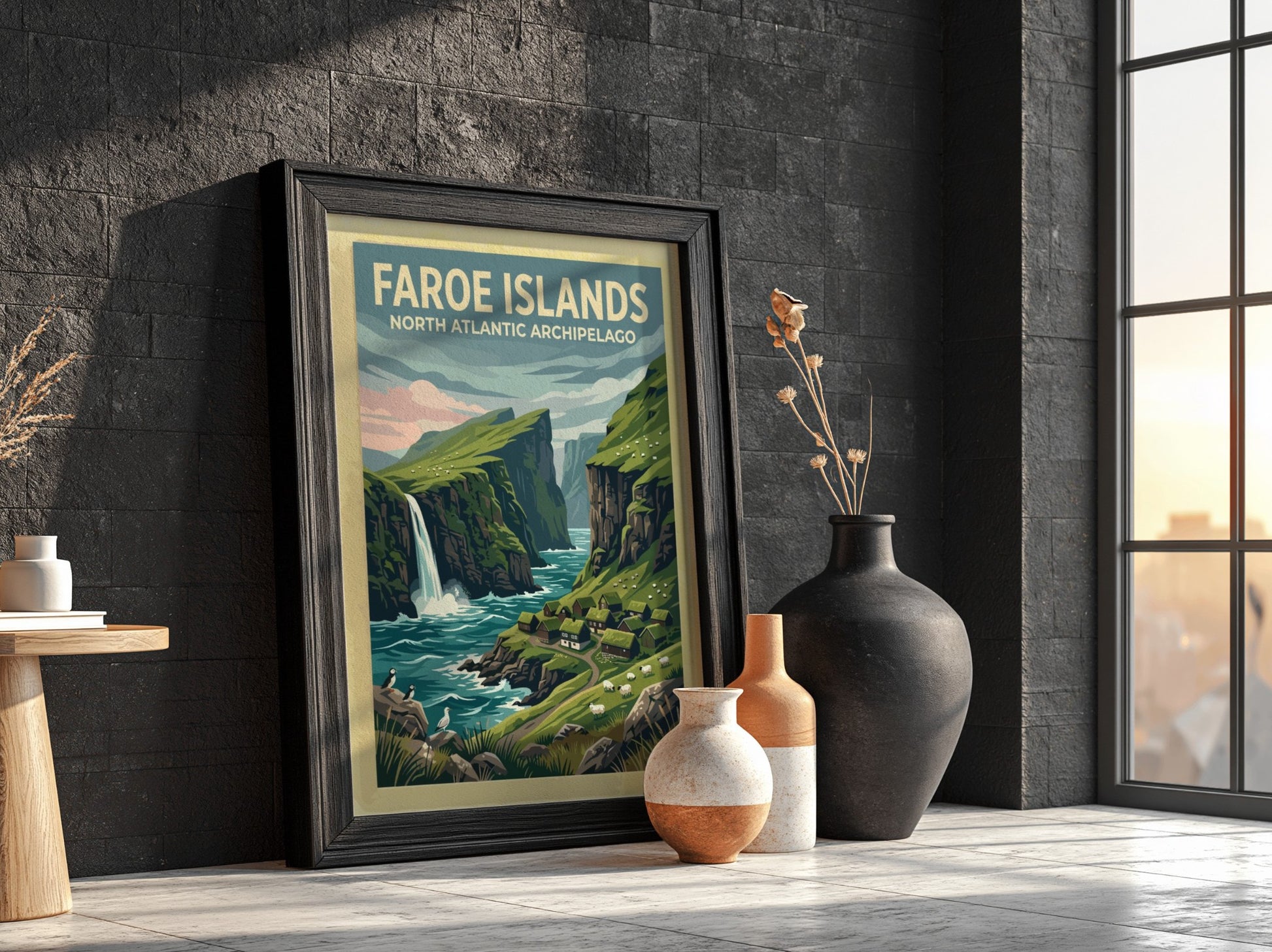 Travel poster of the Faroe Islands showing green cliffs, a waterfall, and puffins.