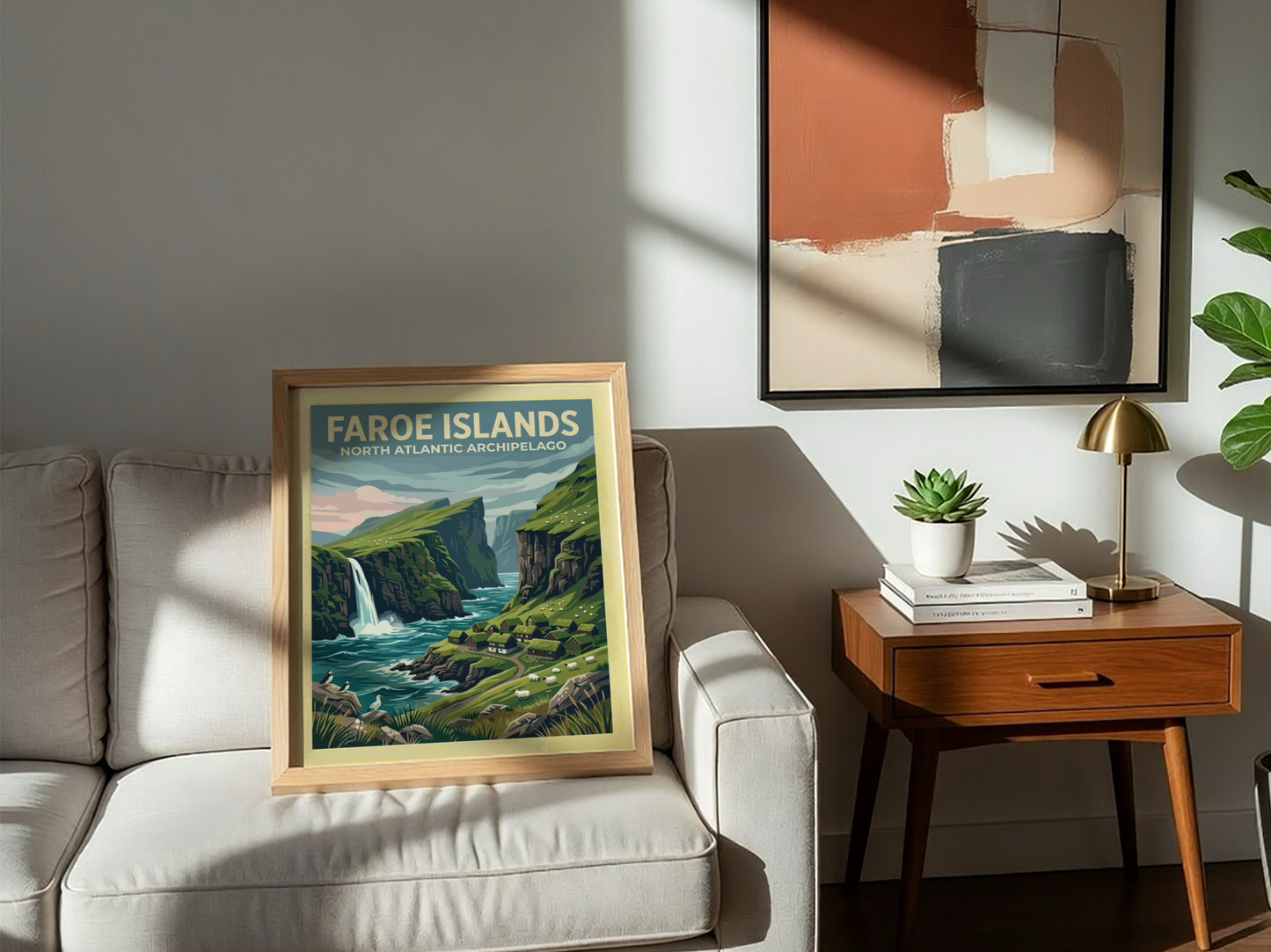 Travel poster of the Faroe Islands showing green cliffs, a waterfall, and puffins.
