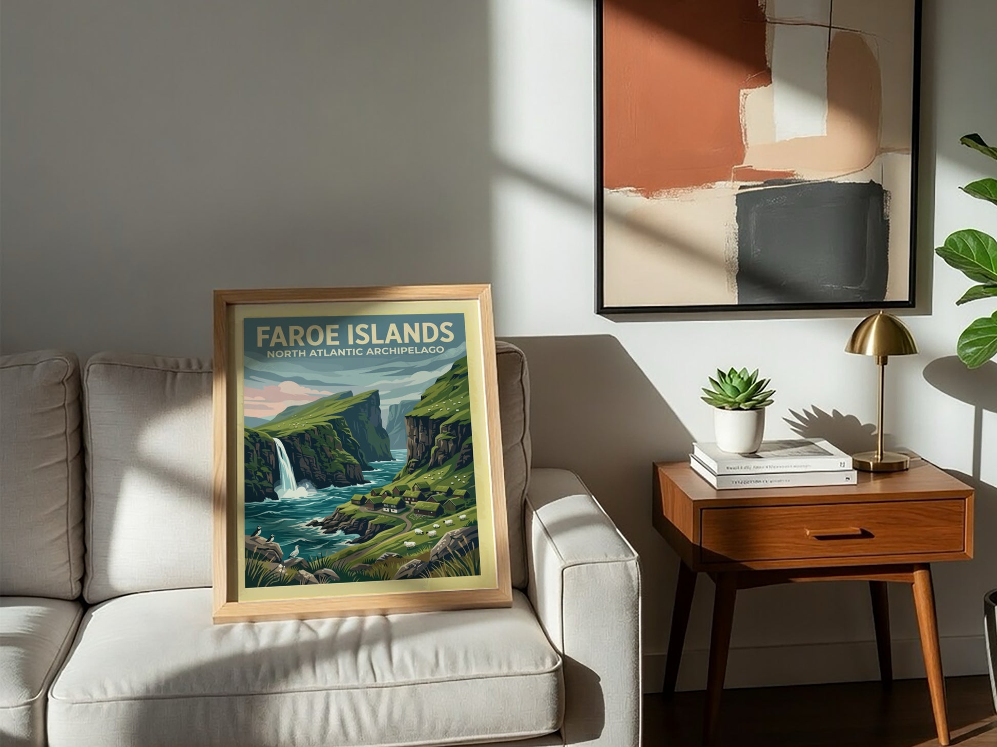 Travel poster of the Faroe Islands showing green cliffs, a waterfall, and puffins.