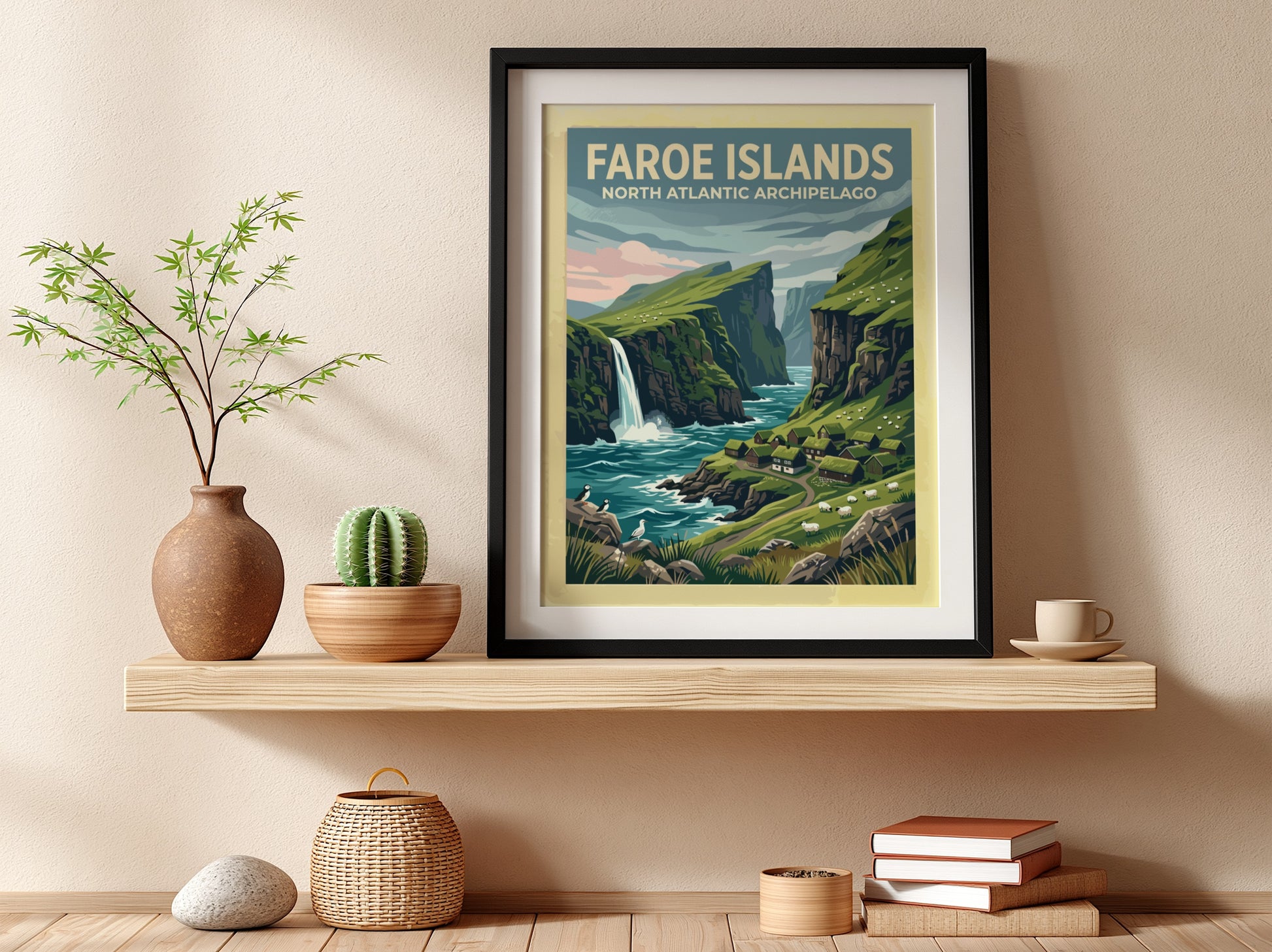 Travel poster of the Faroe Islands showing green cliffs, a waterfall, and puffins.